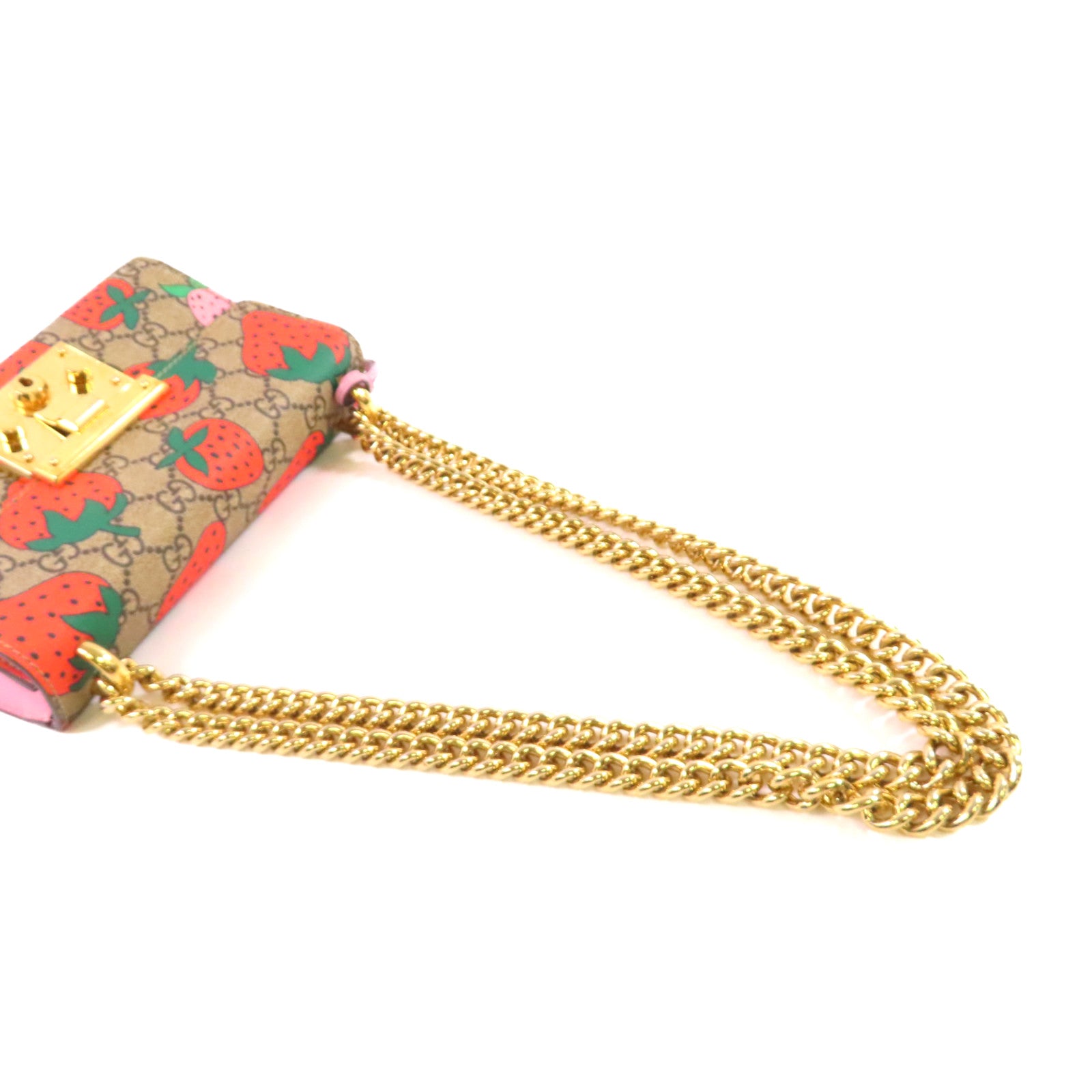 GUCCI 塗層帆布GG Supreme Padlock Small Shoulder Bag金扣鏈帶肩背袋啡色/粉紅色/紅色