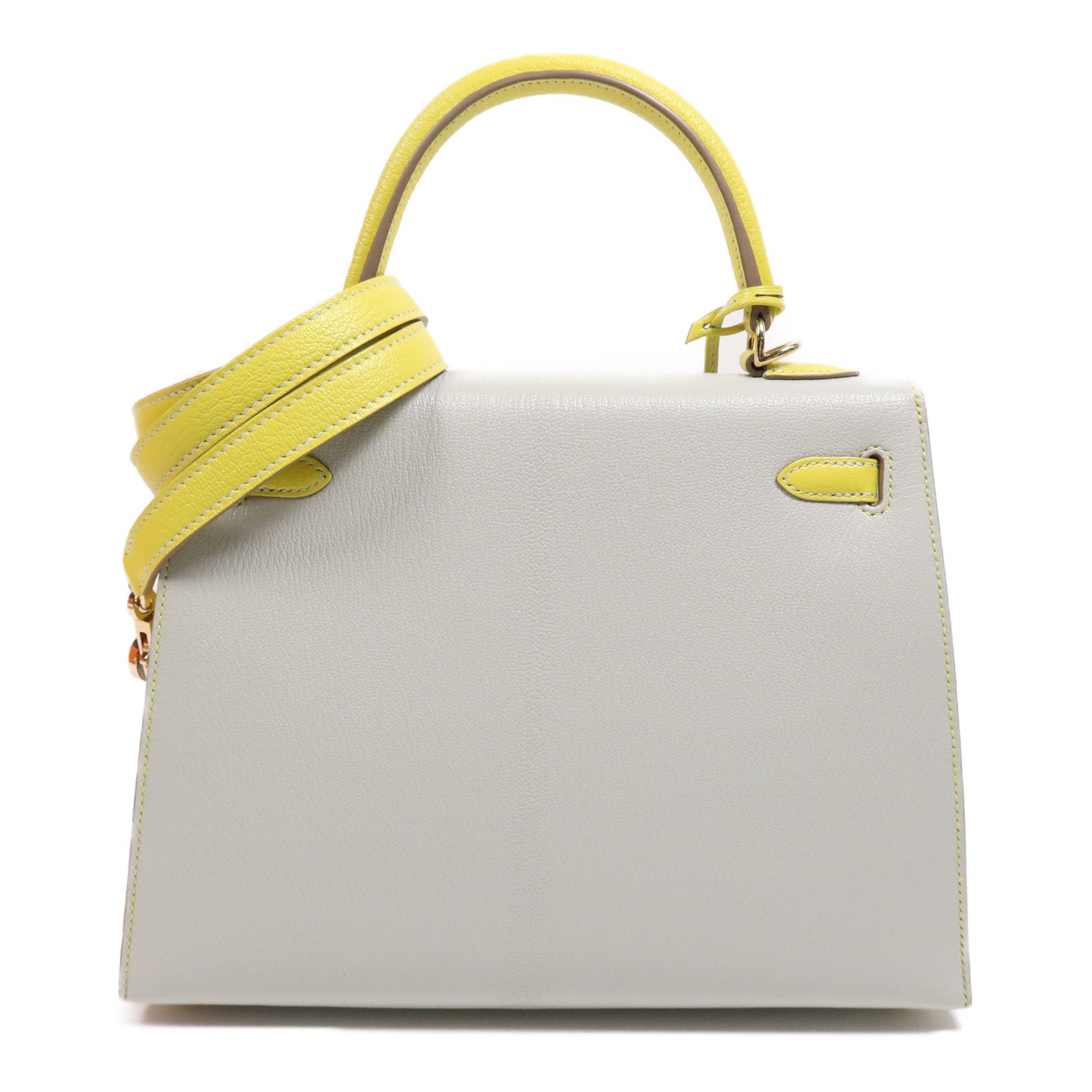 HERMES 【激減優惠】Cherve皮革Kelly 25金扣手挽肩背兩用袋 Gris Perle/Lime