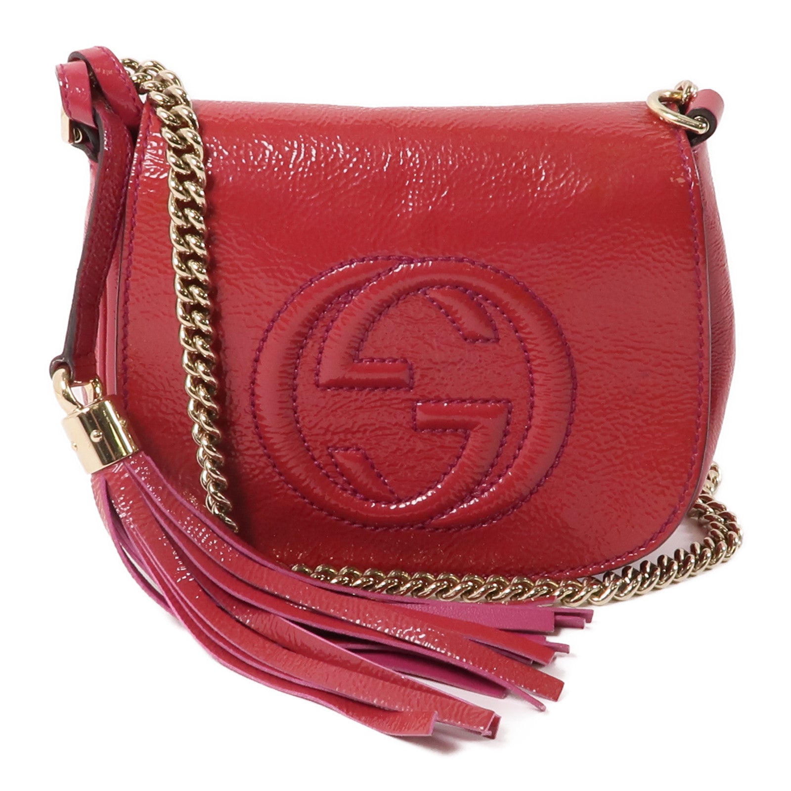 GUCCI 牛皮皮革Chain Shoulder Bag金扣鏈帶肩背袋紅色