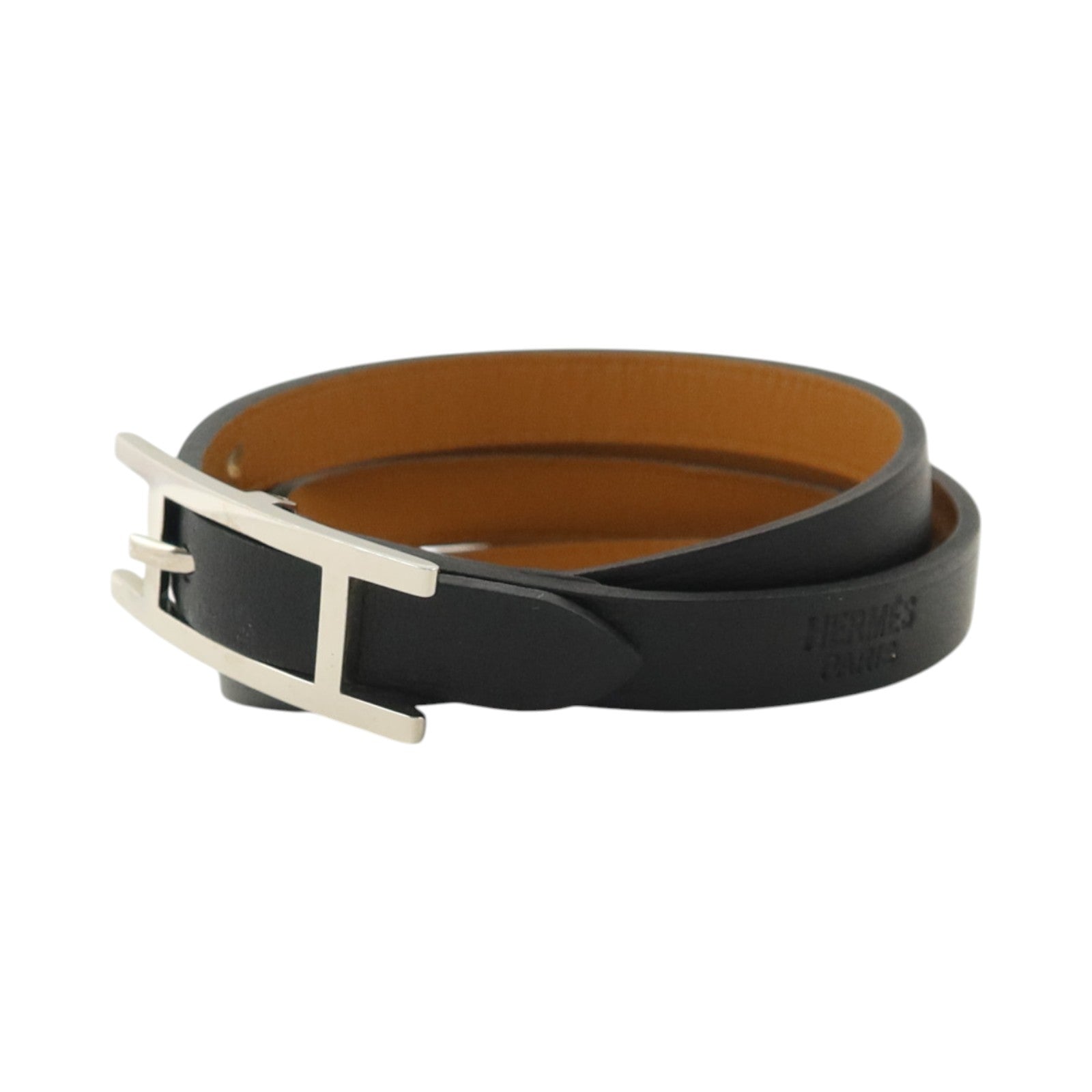HERMES Tadelakt皮革Behapi Triple Tour銀扣手鏈Noir