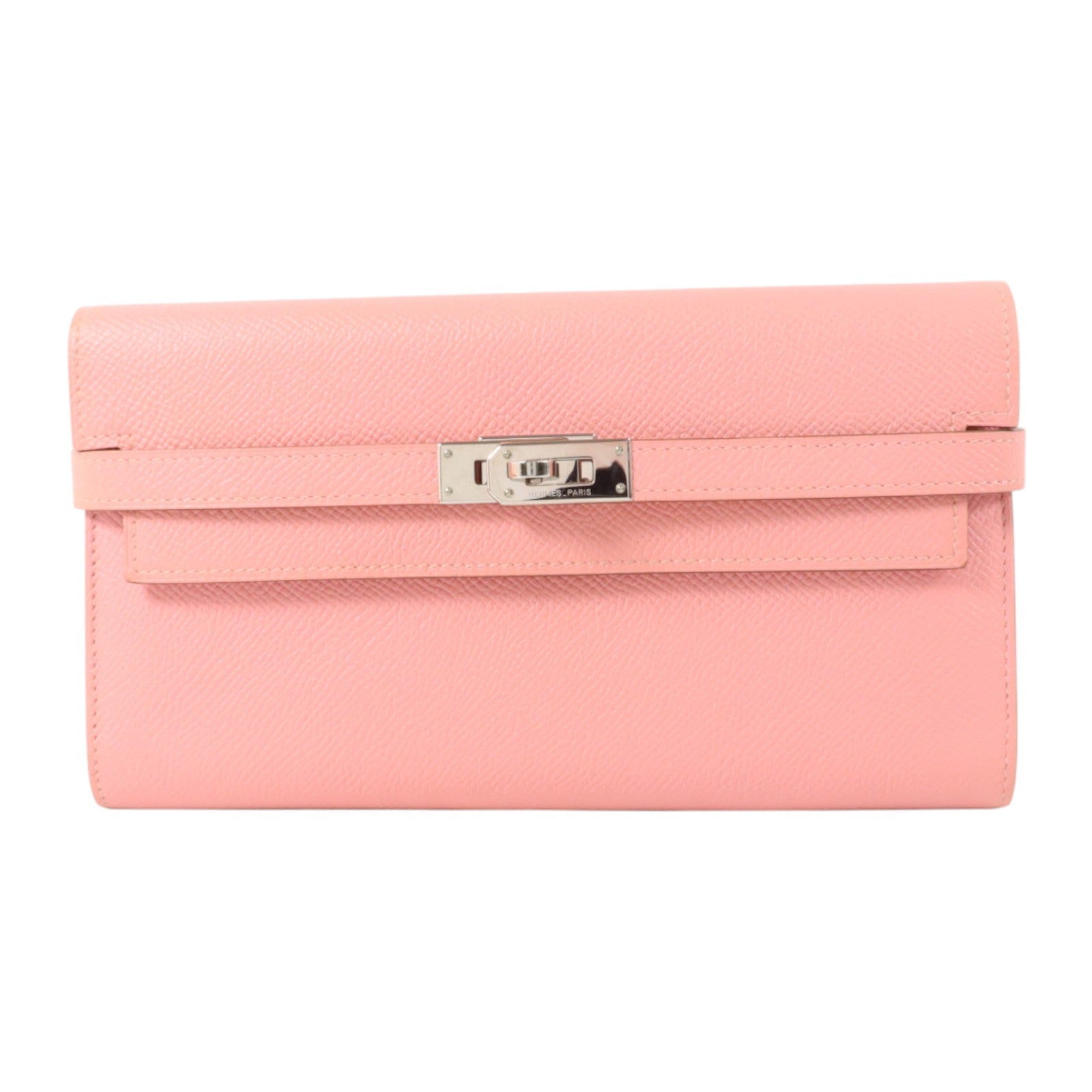 HERMES Epsom皮革Kelly Long Wallet銀扣長錢包Rose Confetti