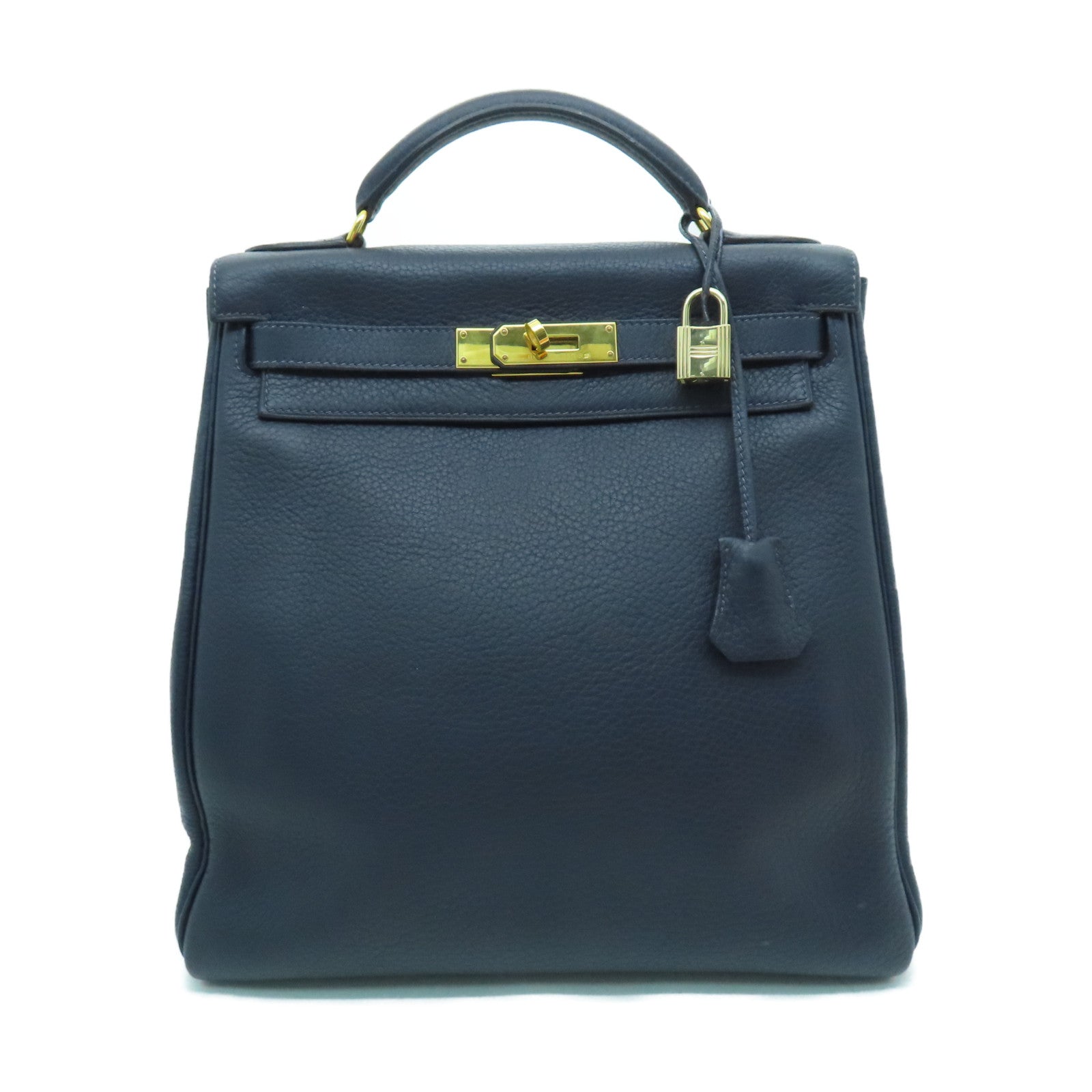 HERMES Clemence Leather Kelly Ado GM Gold Buckle Backpack Dark Indigo