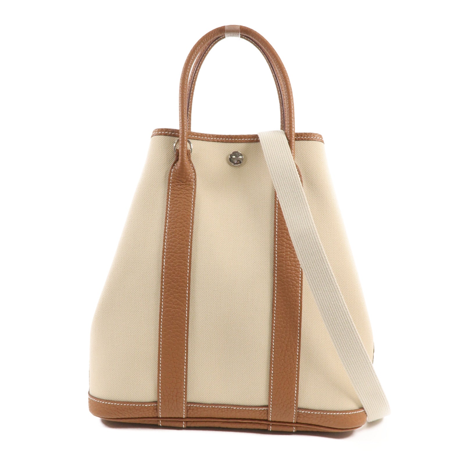 HERMES 帆布Garden File PM銀扣手挽肩背兩用袋Gold/Beton