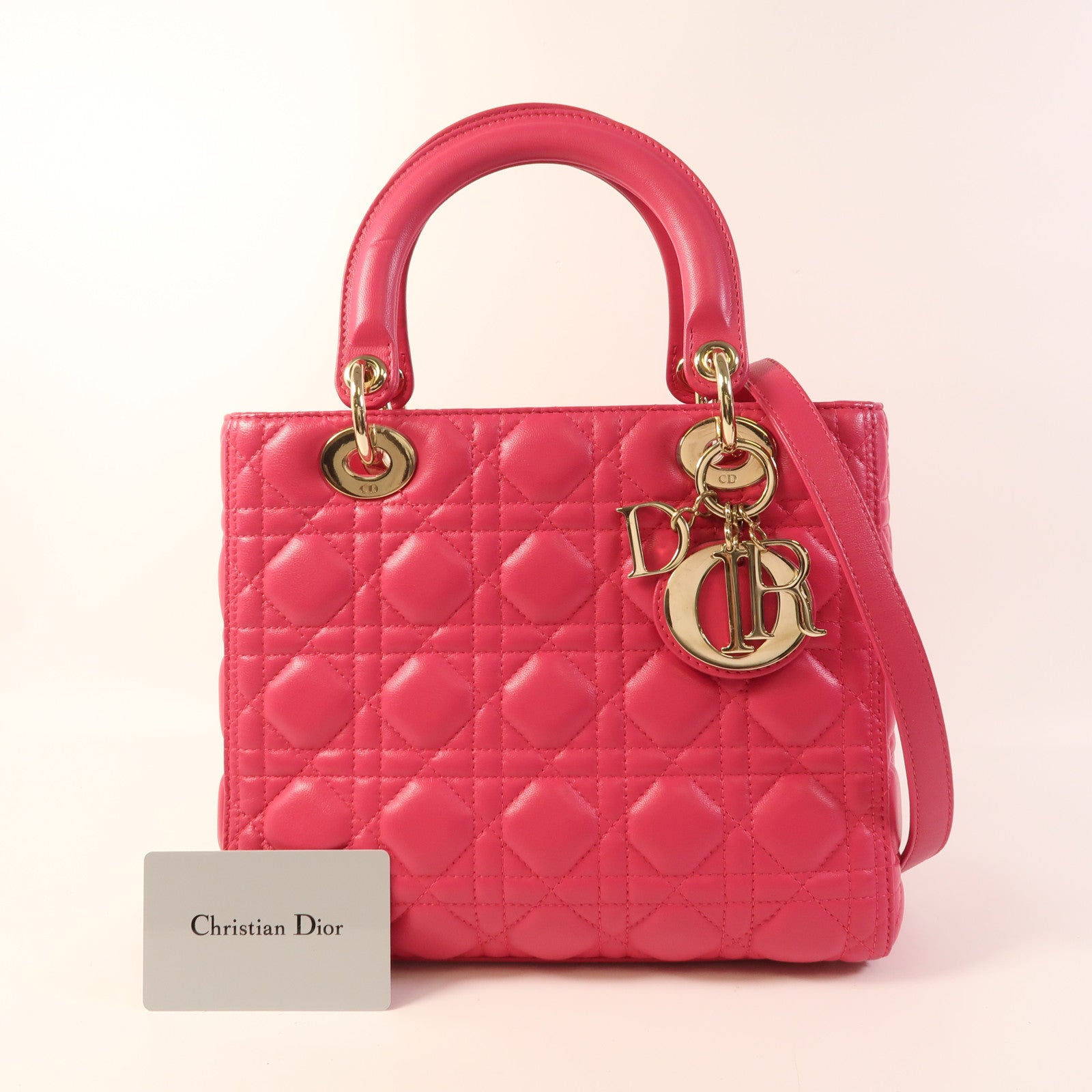 Christian Dior CD GHW Lady Dior 2 Way Shoulder Bag Lambskin Leather Pink