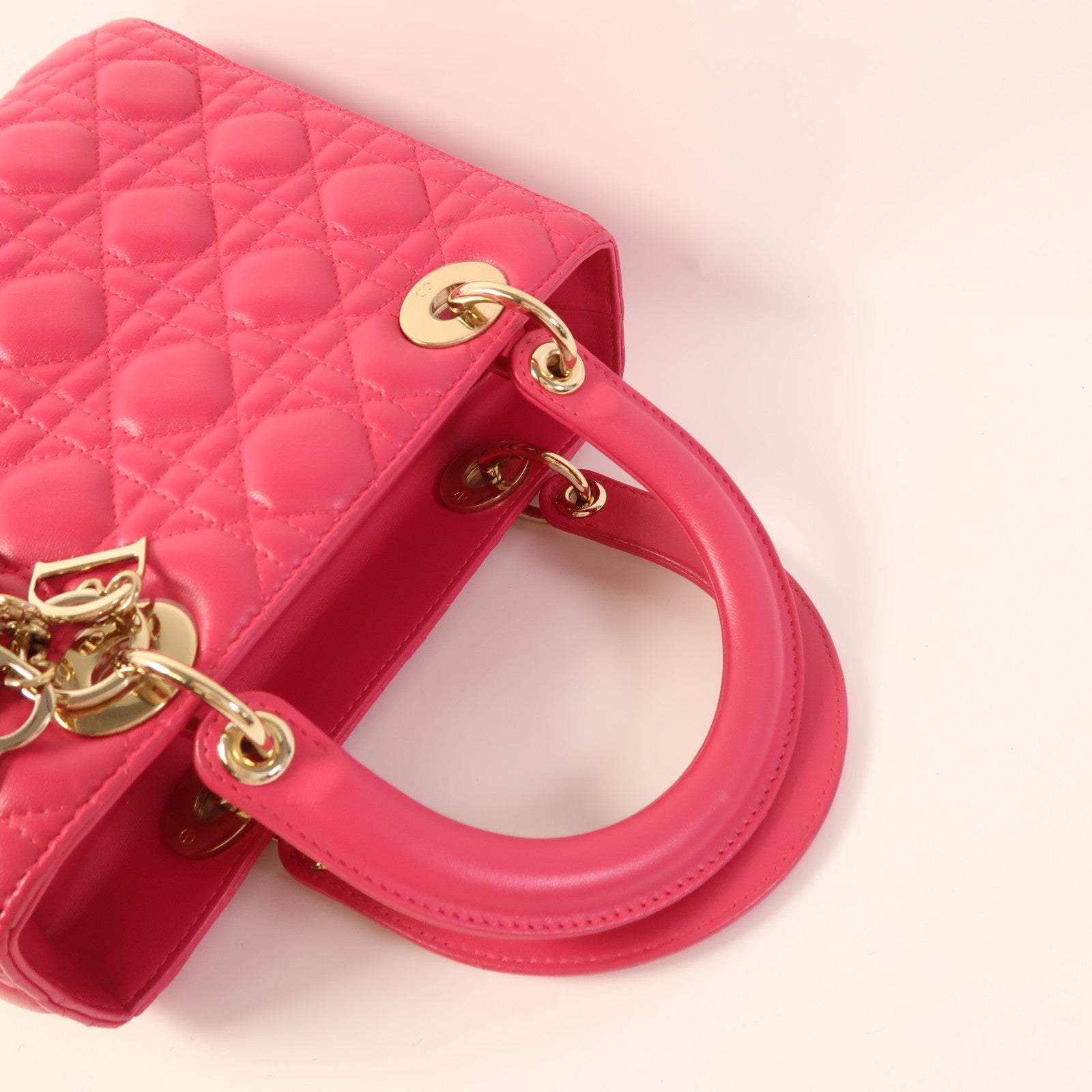 Christian Dior CD GHW Lady Dior 2 Way Shoulder Bag Lambskin Leather Pink