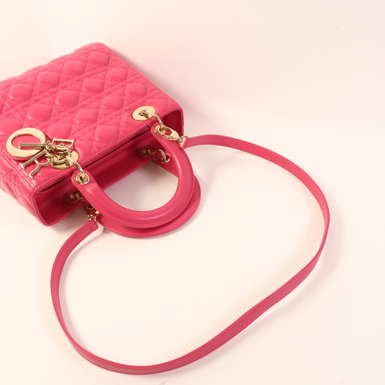 Christian Dior CD GHW Lady Dior 2 Way Shoulder Bag Lambskin Leather Pink