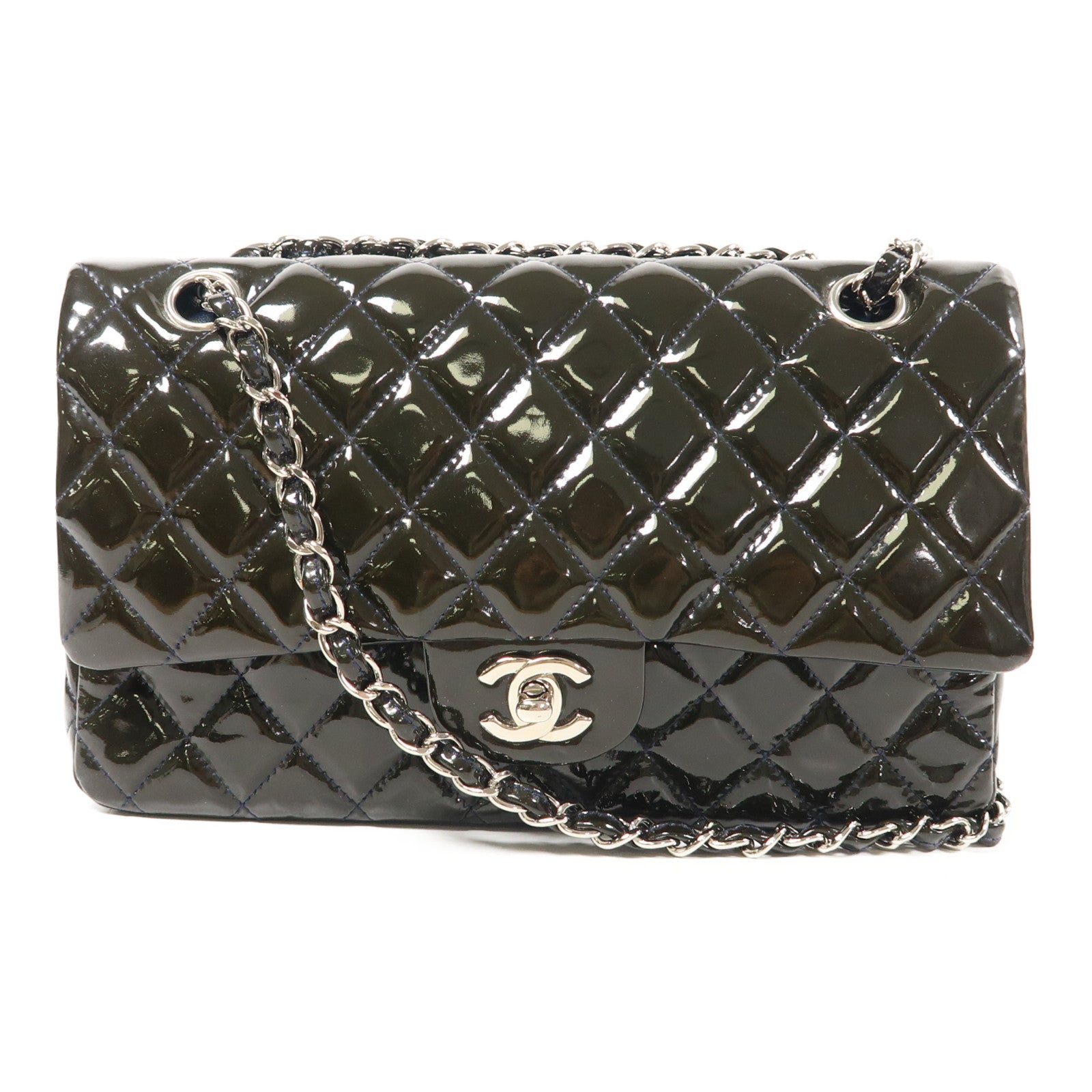 CHANEL 漆皮皮革Classic 25銀扣鏈帶手挽肩背兩用袋