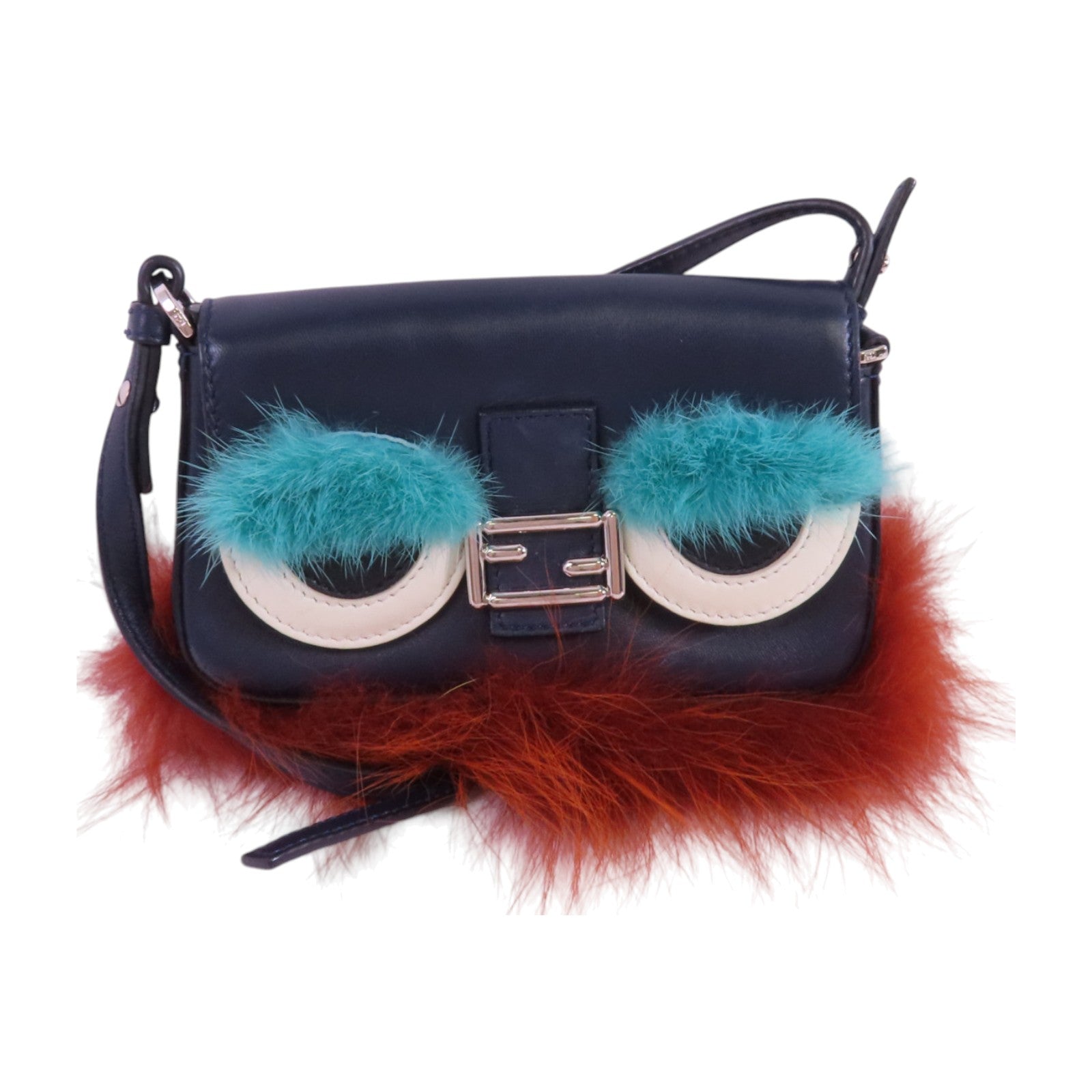 FENDI 牛皮皮革/毛皮Shoulder Bag銀扣肩背袋