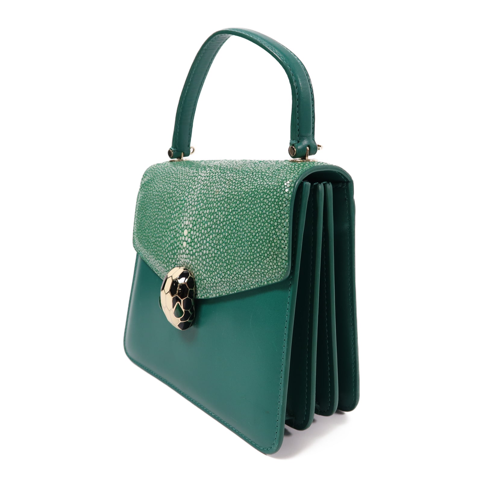 BVLGARI 【激減優惠】牛皮皮革/魔鬼魚皮革Serpenti Forever金扣手挽肩背兩用袋綠色