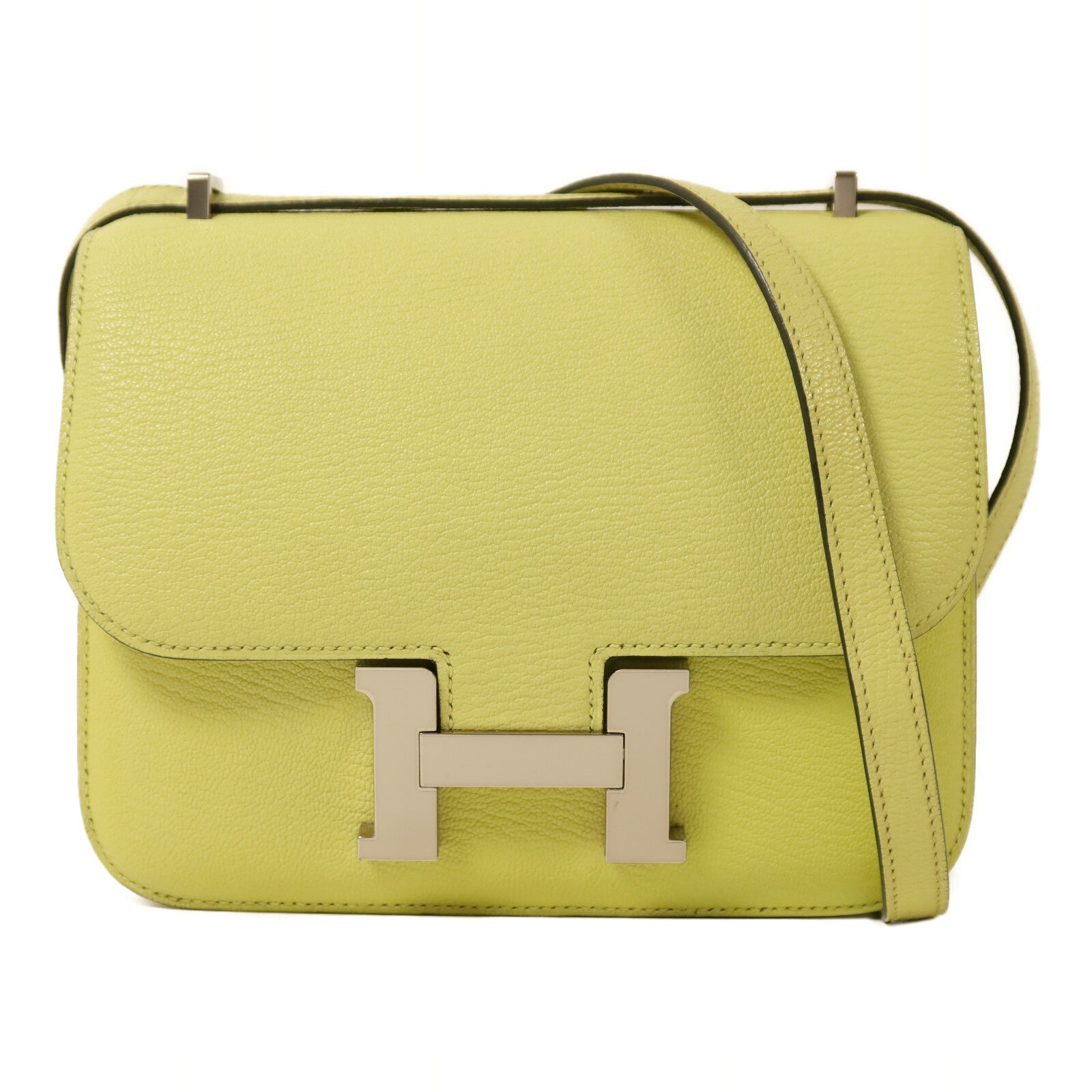 HERMES Chevre皮革Constance Mini銀扣肩背袋Jaune Bourgeon