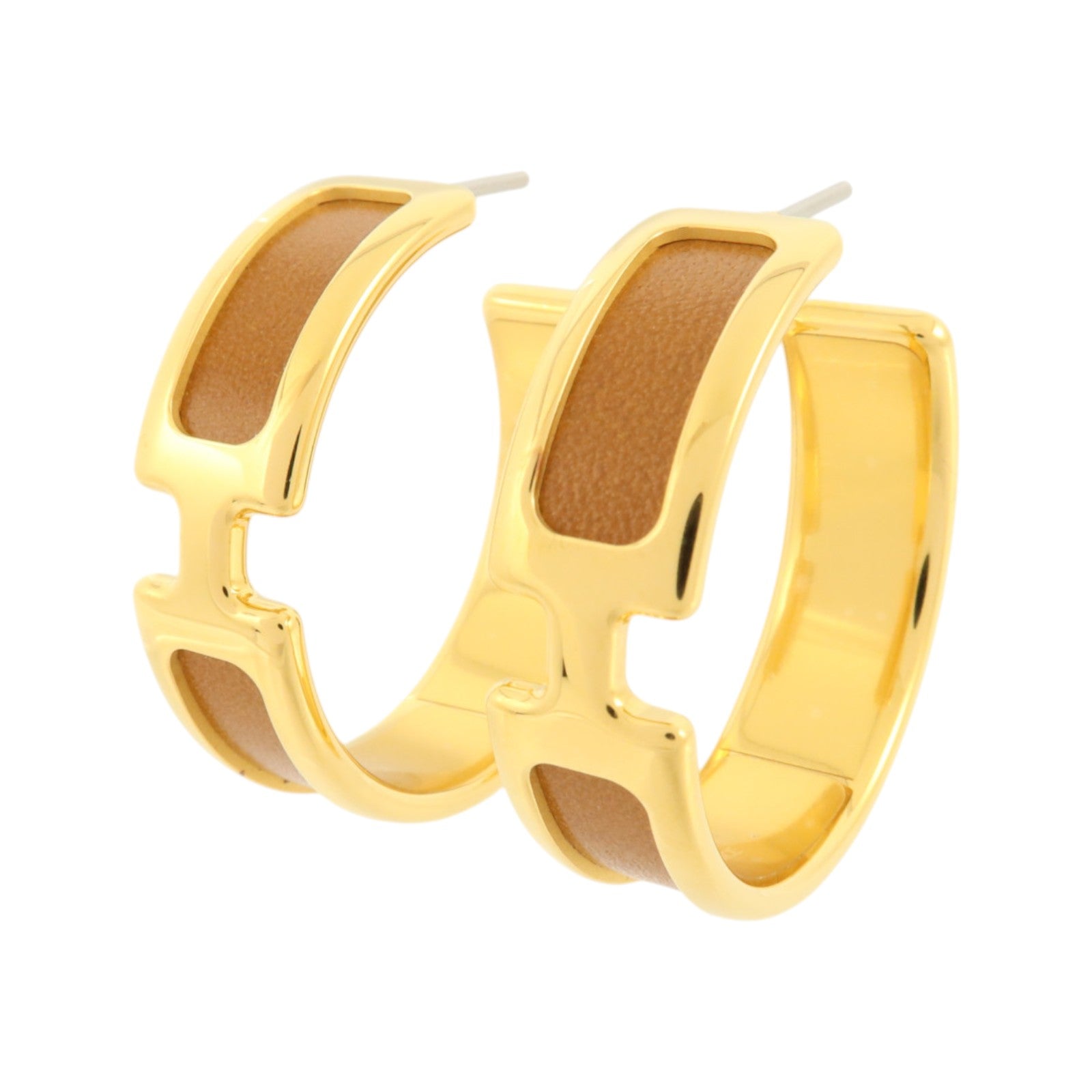HERMES Madame皮革/金屬Olympe Earrings金扣耳環Gold
