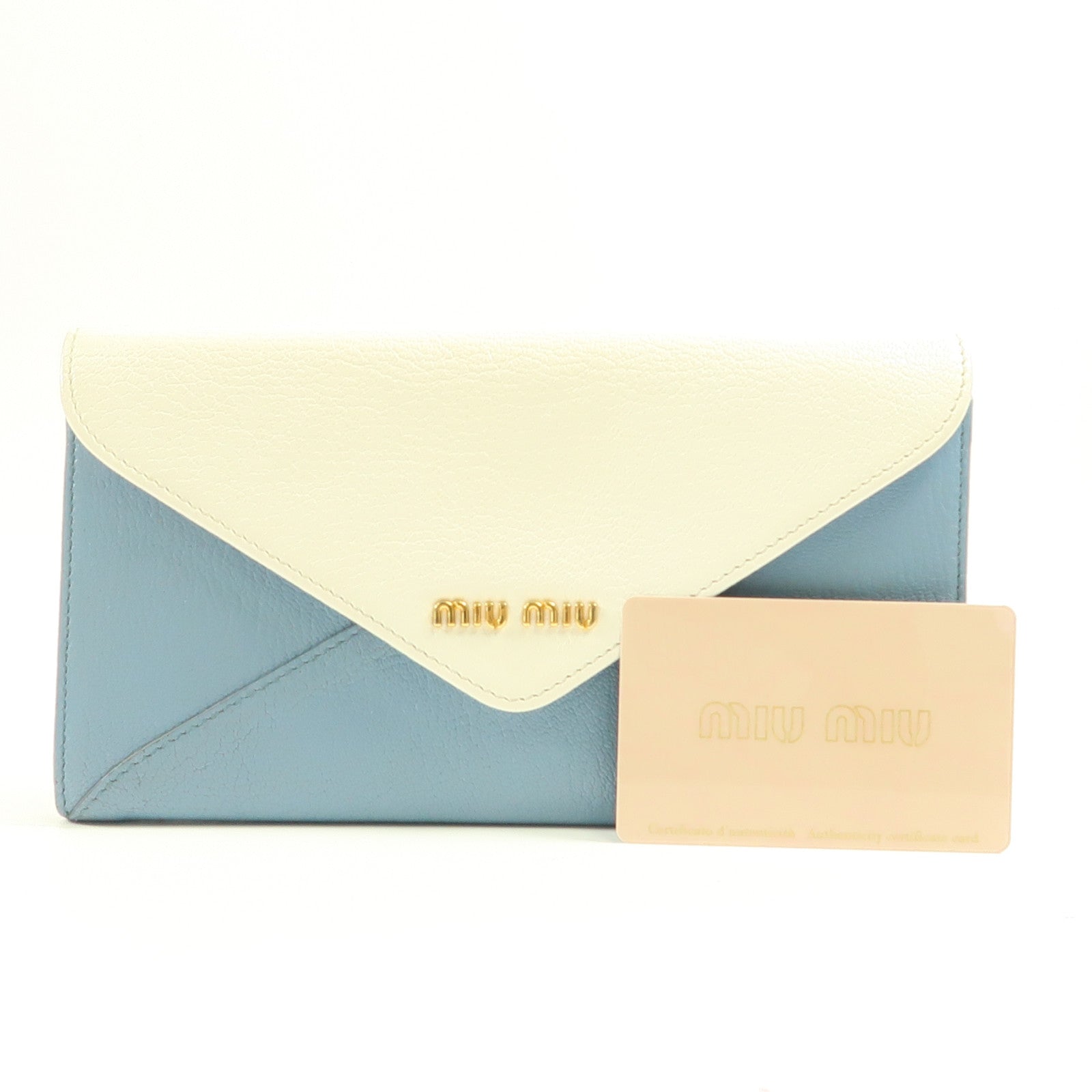 Miu Miu 牛皮皮革Long Wallet金扣長錢包藍色/白色