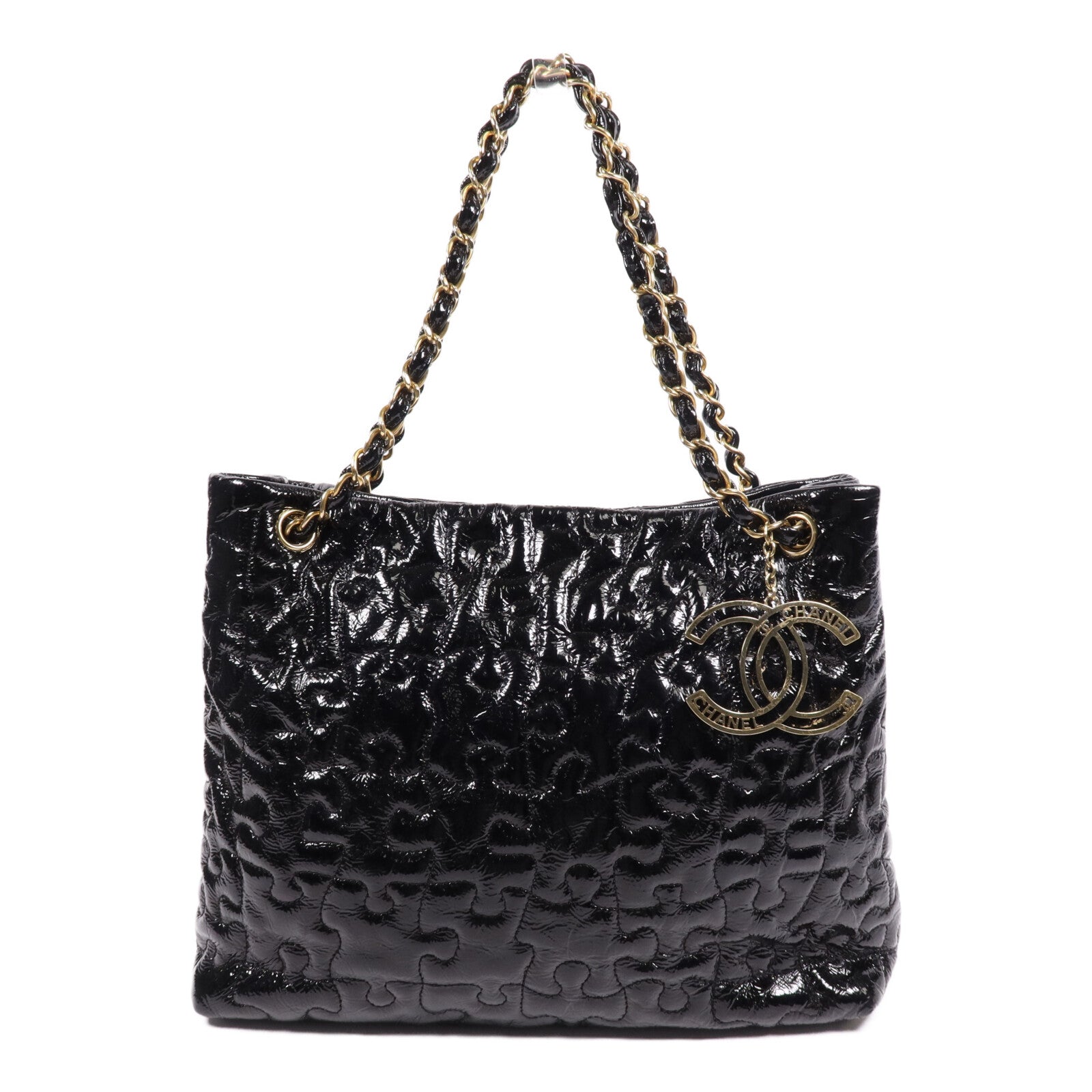 CHANEL 漆皮皮革Chain Tote金扣鏈帶手挽袋