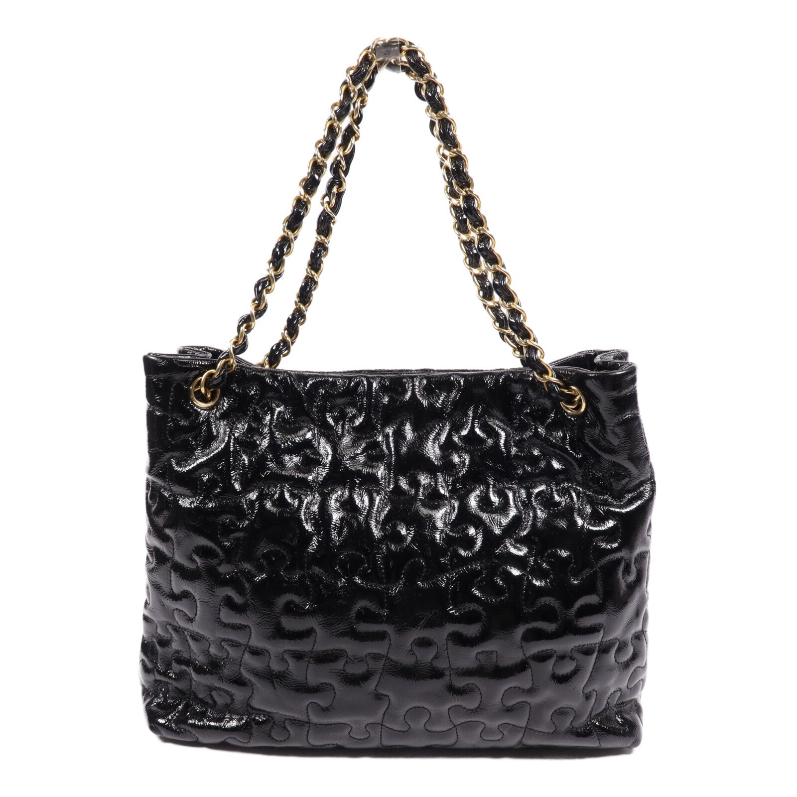 CHANEL 漆皮皮革Chain Tote金扣鏈帶手挽袋