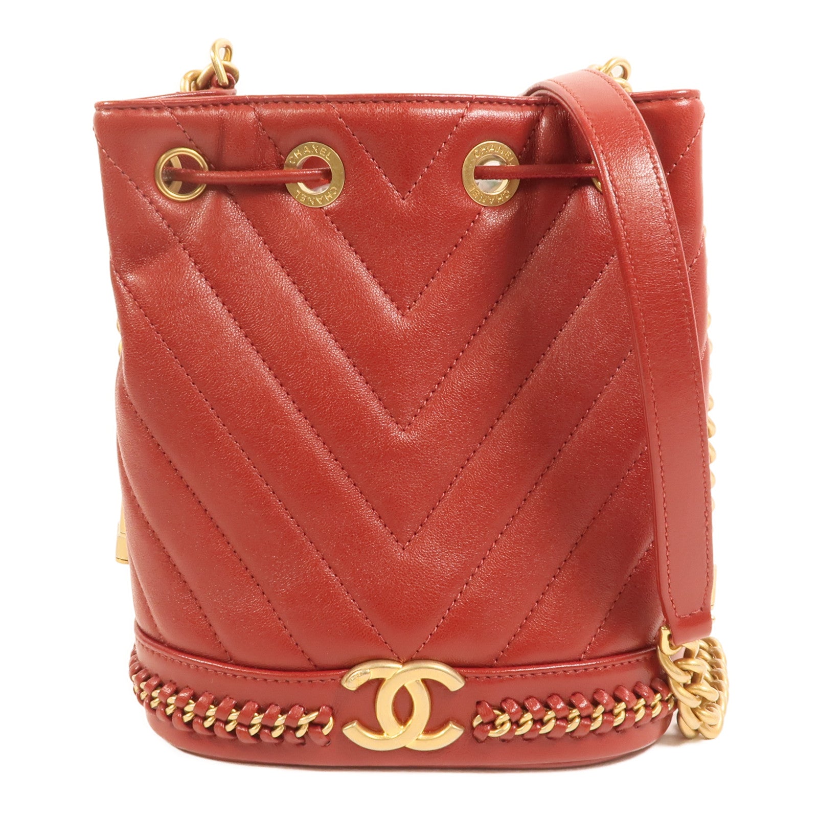 CHANEL 牛皮皮革Cherron Bucket Bag金扣鏈帶肩背袋