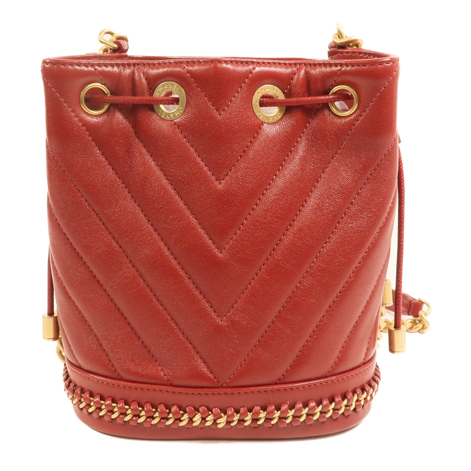 CHANEL 牛皮皮革Cherron Bucket Bag金扣鏈帶肩背袋