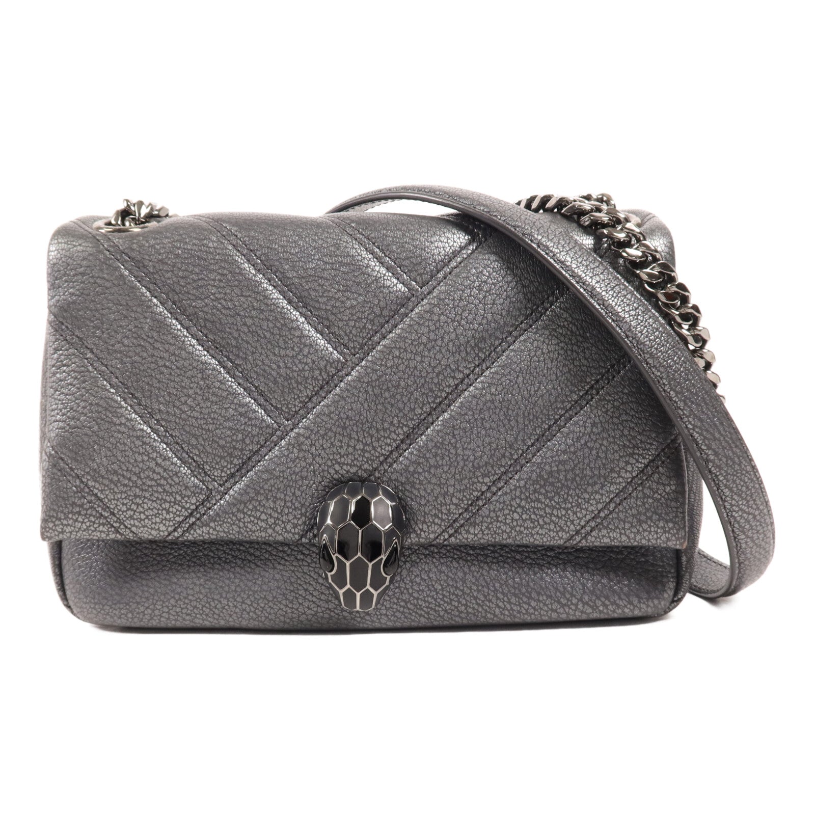 BVLGARI 【激減優惠】牛皮皮革Flap Cover銀扣肩背袋