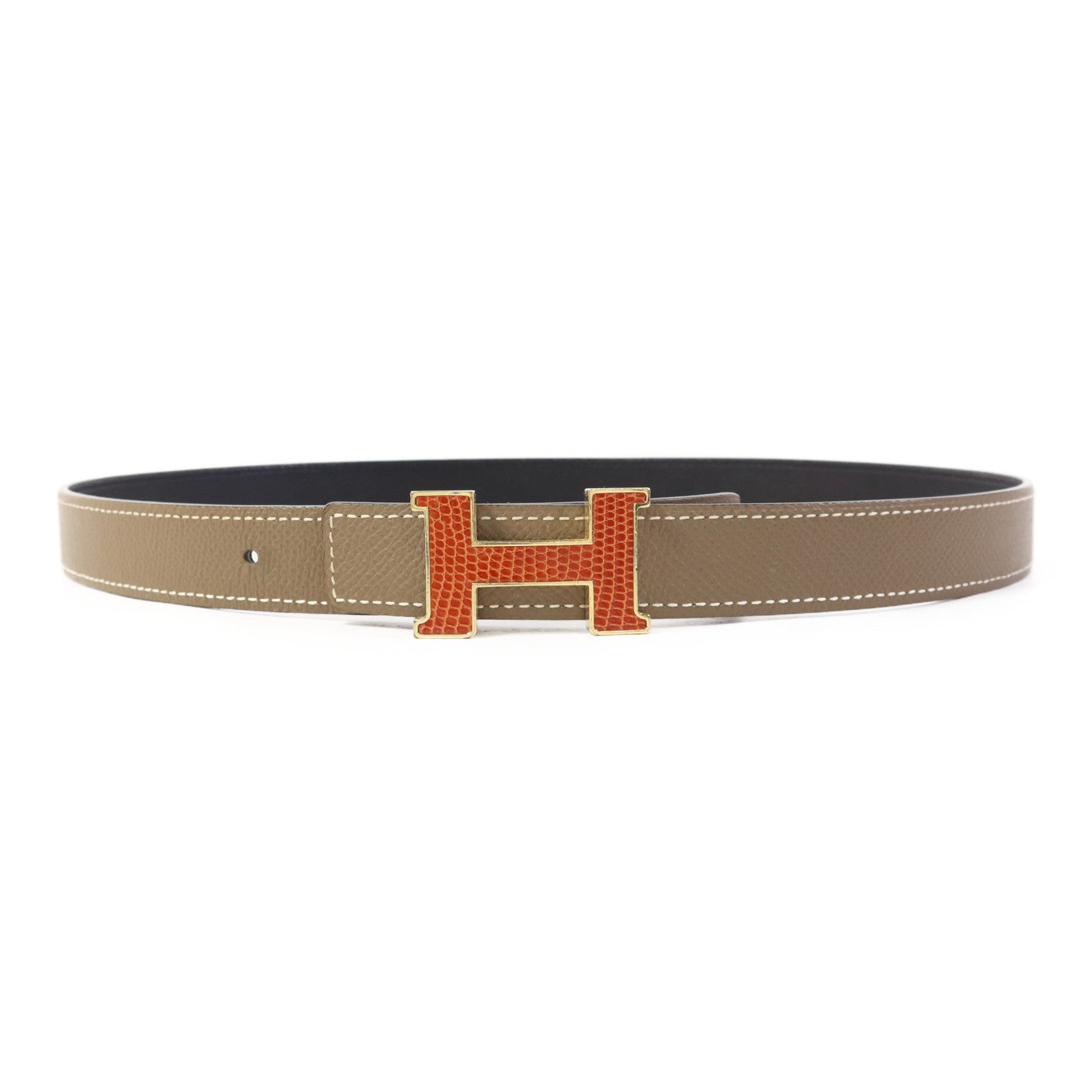 HERMES Epsom/Lizard皮革H Belt金扣皮帶Noir/Etoupe