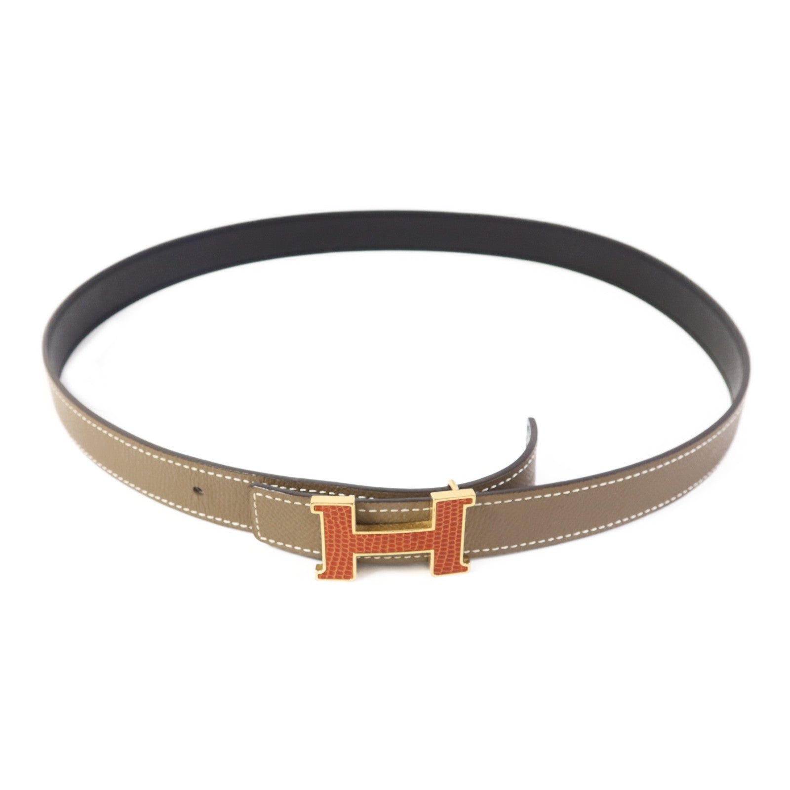 HERMES Epsom/Lizard皮革H Belt金扣皮帶Noir/Etoupe