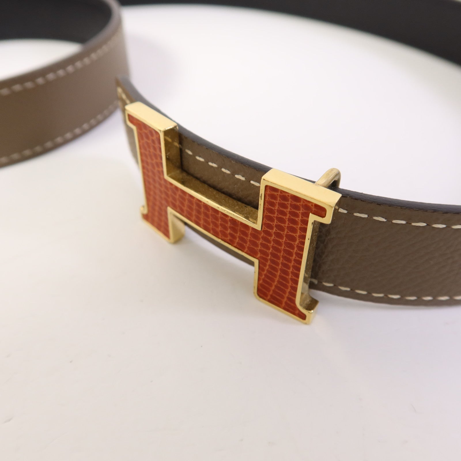 HERMES Epsom/Lizard皮革H Belt金扣皮帶Noir/Etoupe