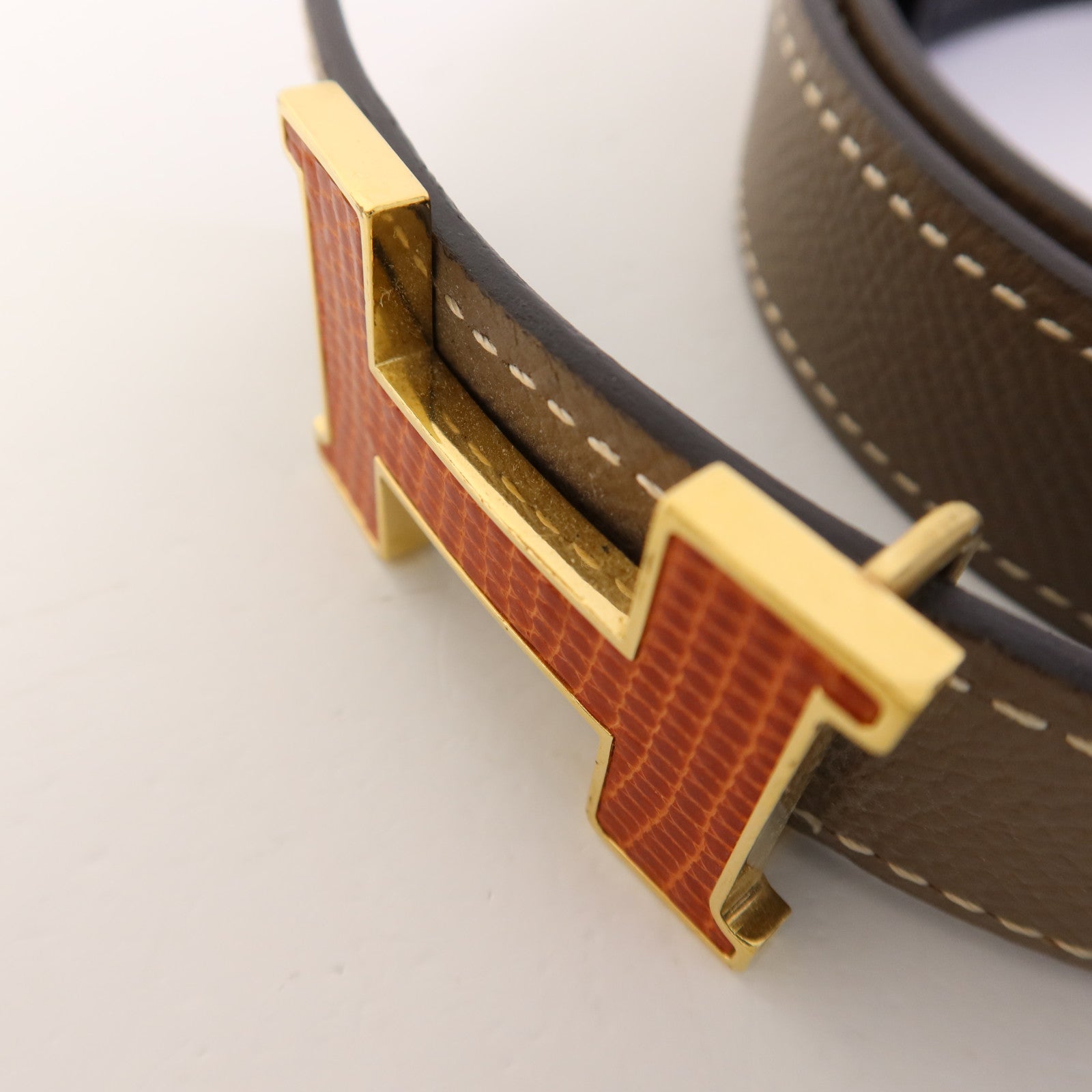 HERMES Epsom/Lizard皮革H Belt金扣皮帶Noir/Etoupe