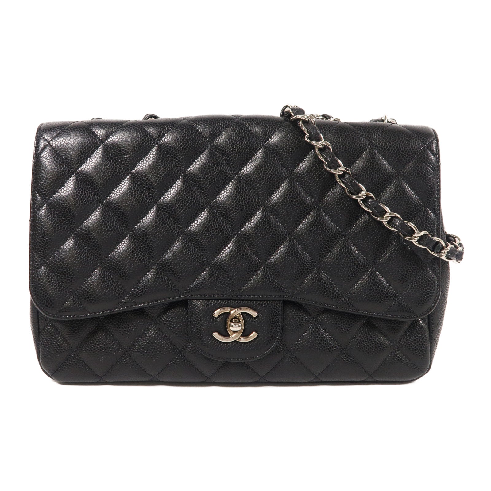 CHANEL 牛皮皮革Large Classic銀扣鏈帶肩背袋
