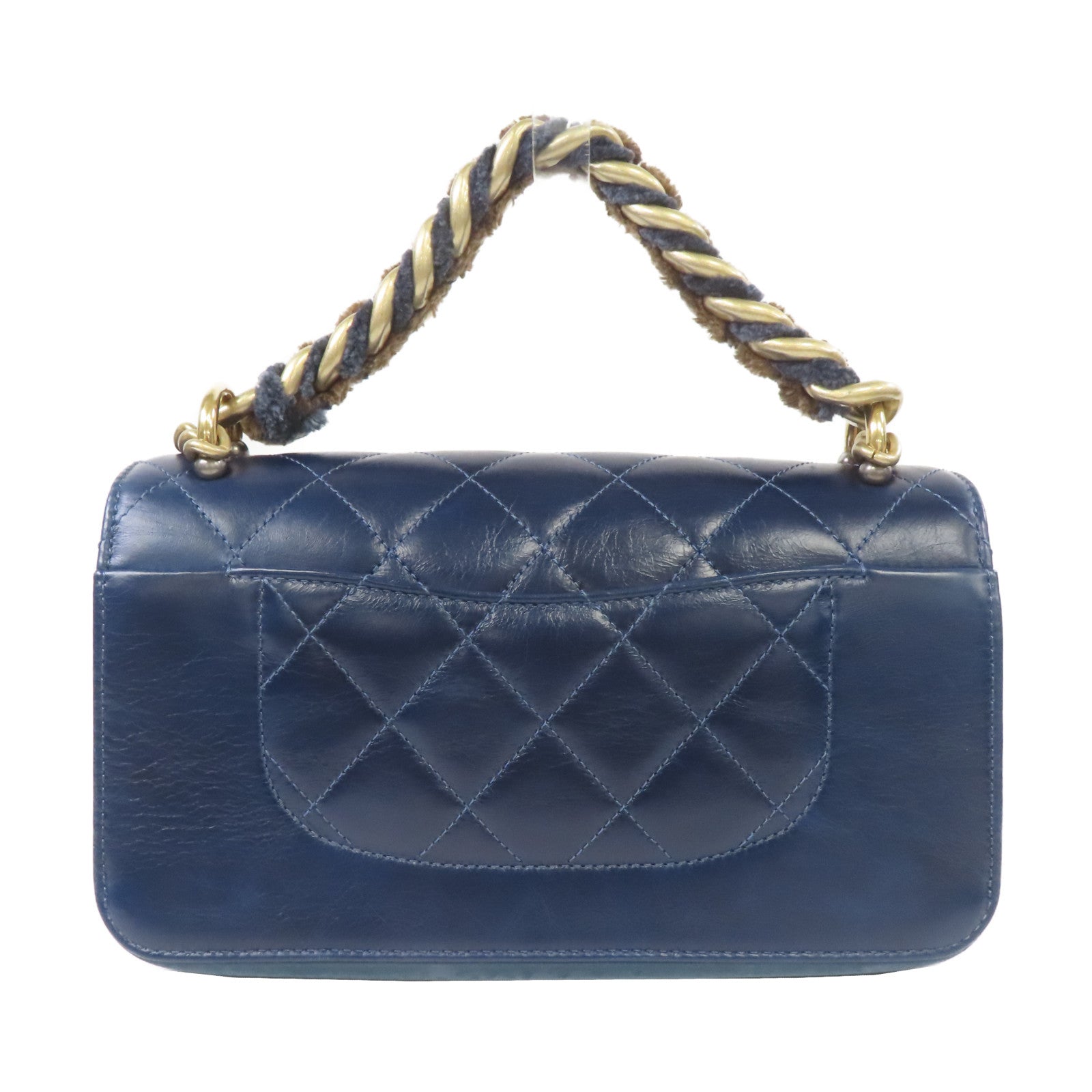 CHANEL 【激減優惠】菱格牛皮皮革Chain Shoulder金扣手挽肩背兩用袋深藍色