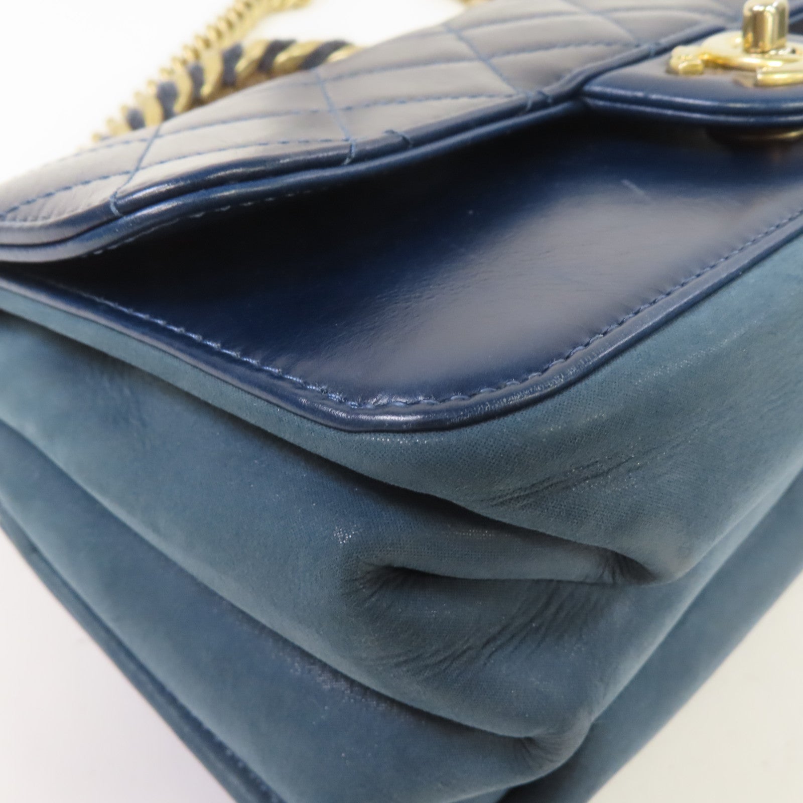 CHANEL 【激減優惠】菱格牛皮皮革Chain Shoulder金扣手挽肩背兩用袋深藍色