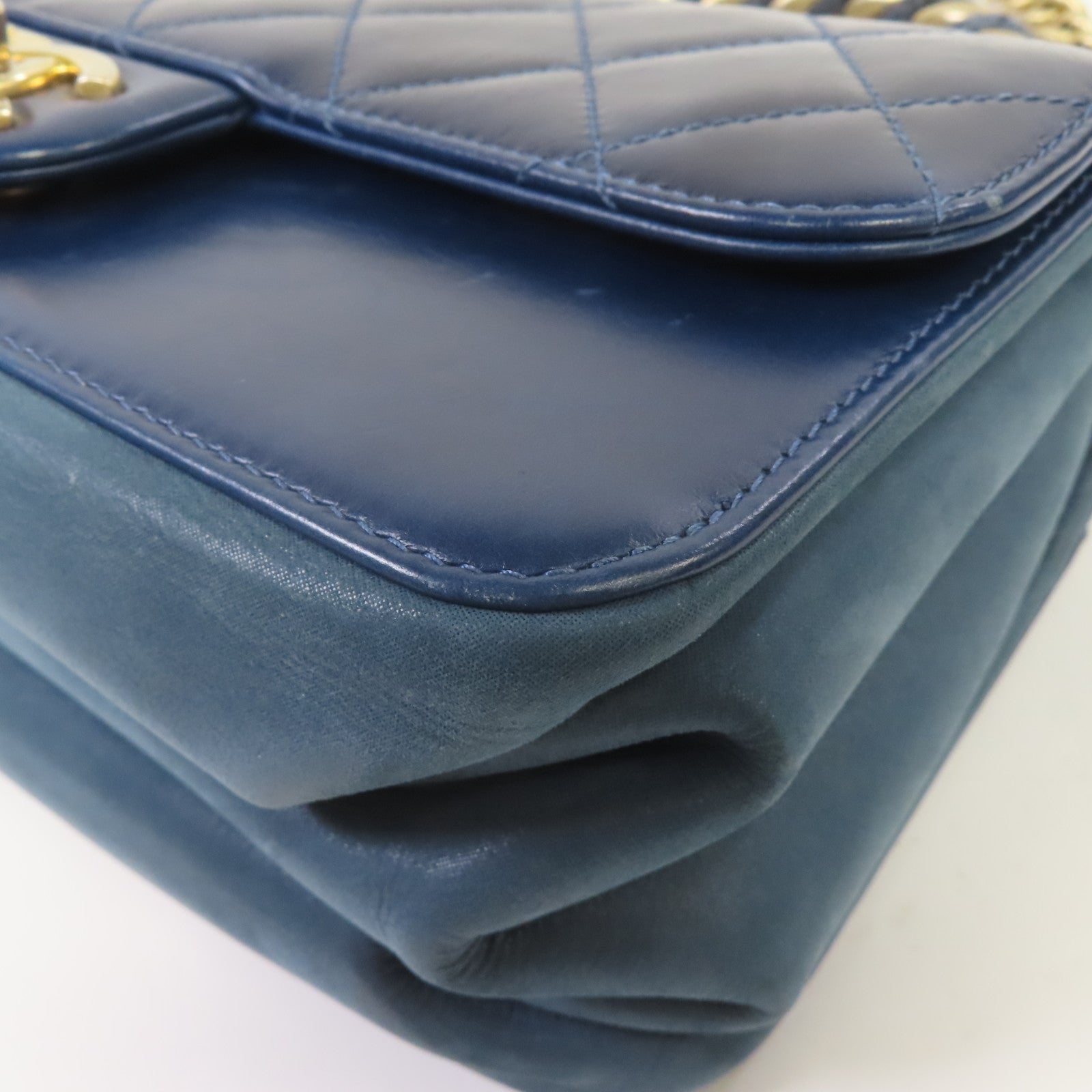 CHANEL 【激減優惠】菱格牛皮皮革Chain Shoulder金扣手挽肩背兩用袋深藍色