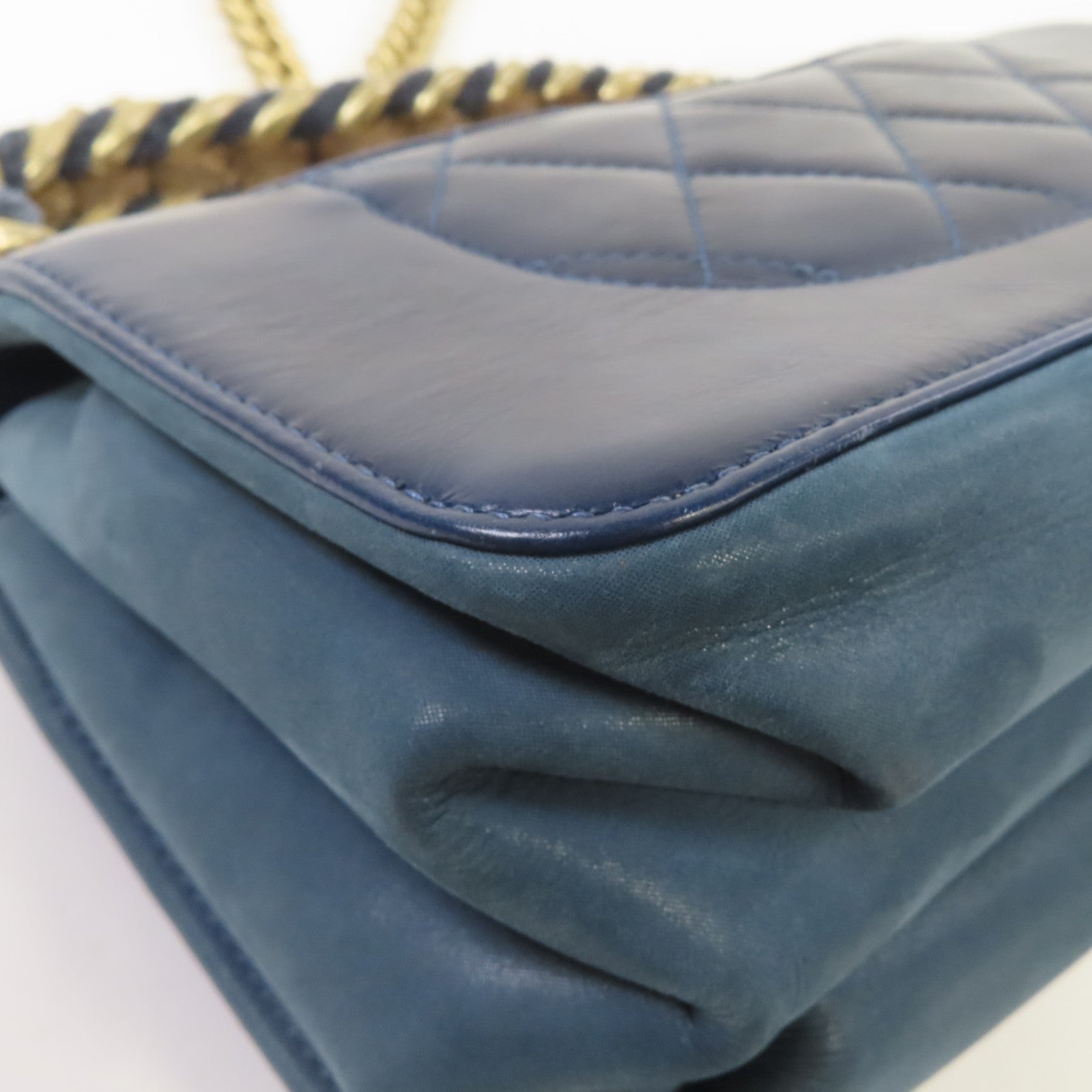 CHANEL 【激減優惠】菱格牛皮皮革Chain Shoulder金扣手挽肩背兩用袋深藍色