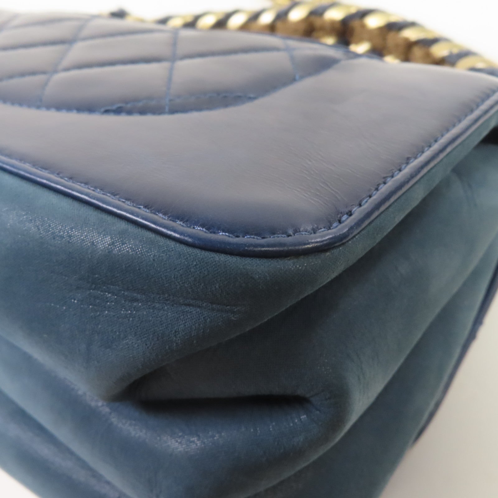 CHANEL 【激減優惠】菱格牛皮皮革Chain Shoulder金扣手挽肩背兩用袋深藍色