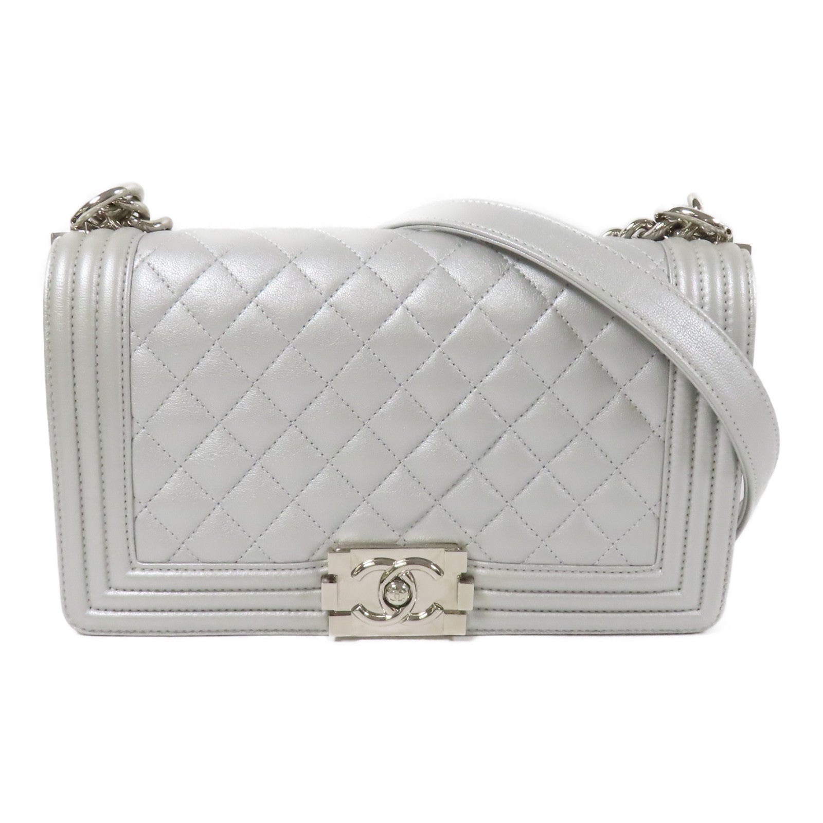 CHANEL 牛皮皮革Boy 25銀扣鏈帶肩背袋