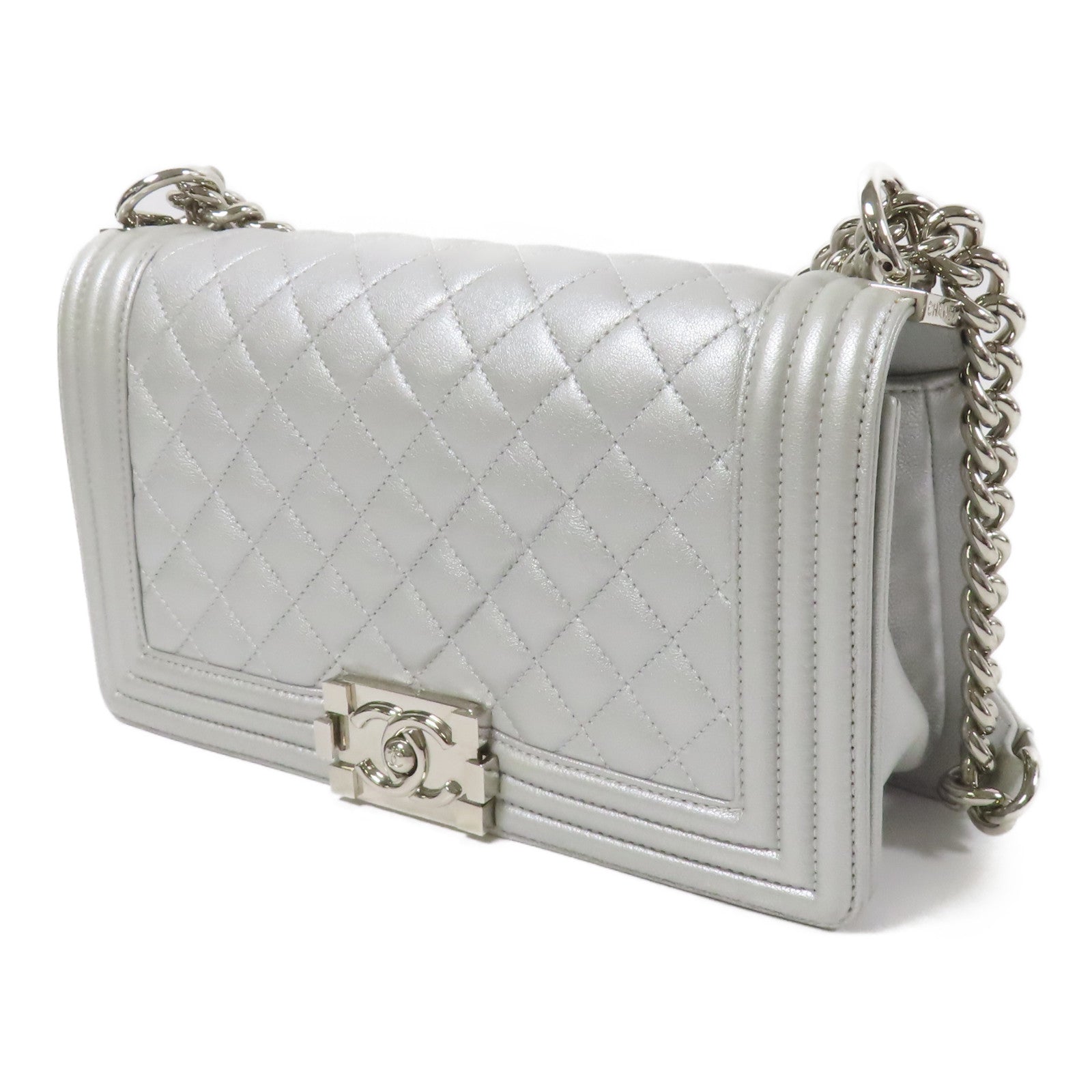 CHANEL 牛皮皮革Boy 25銀扣鏈帶肩背袋