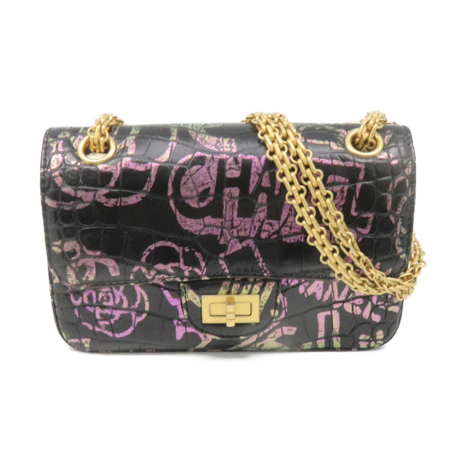 CHANEL 鳄鱼皮革2.55 Chain Shoulder Bag金扣链带肩背袋黑色