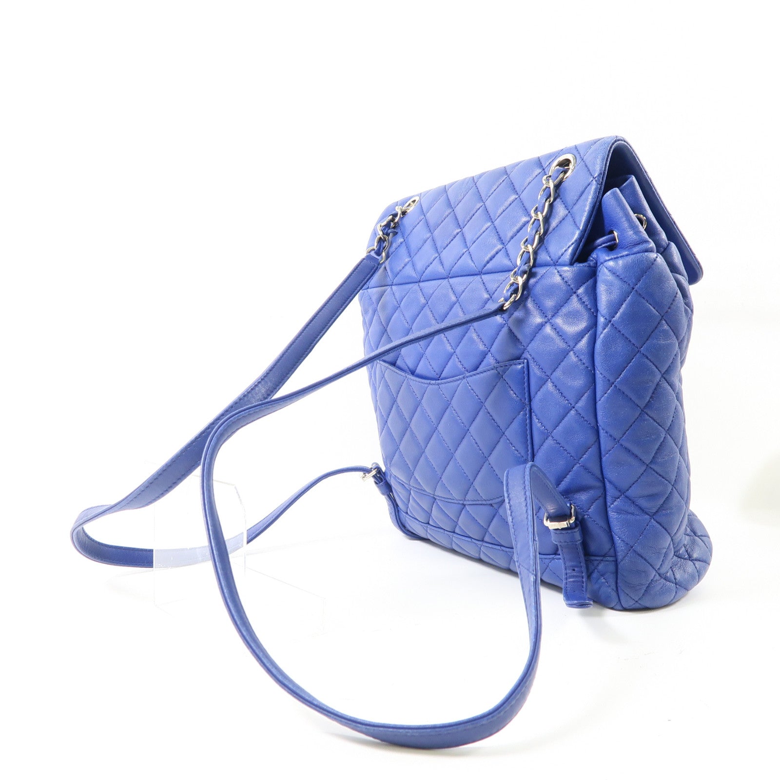 CHANEL 菱格羊皮皮革Backpack銀扣背包藍色