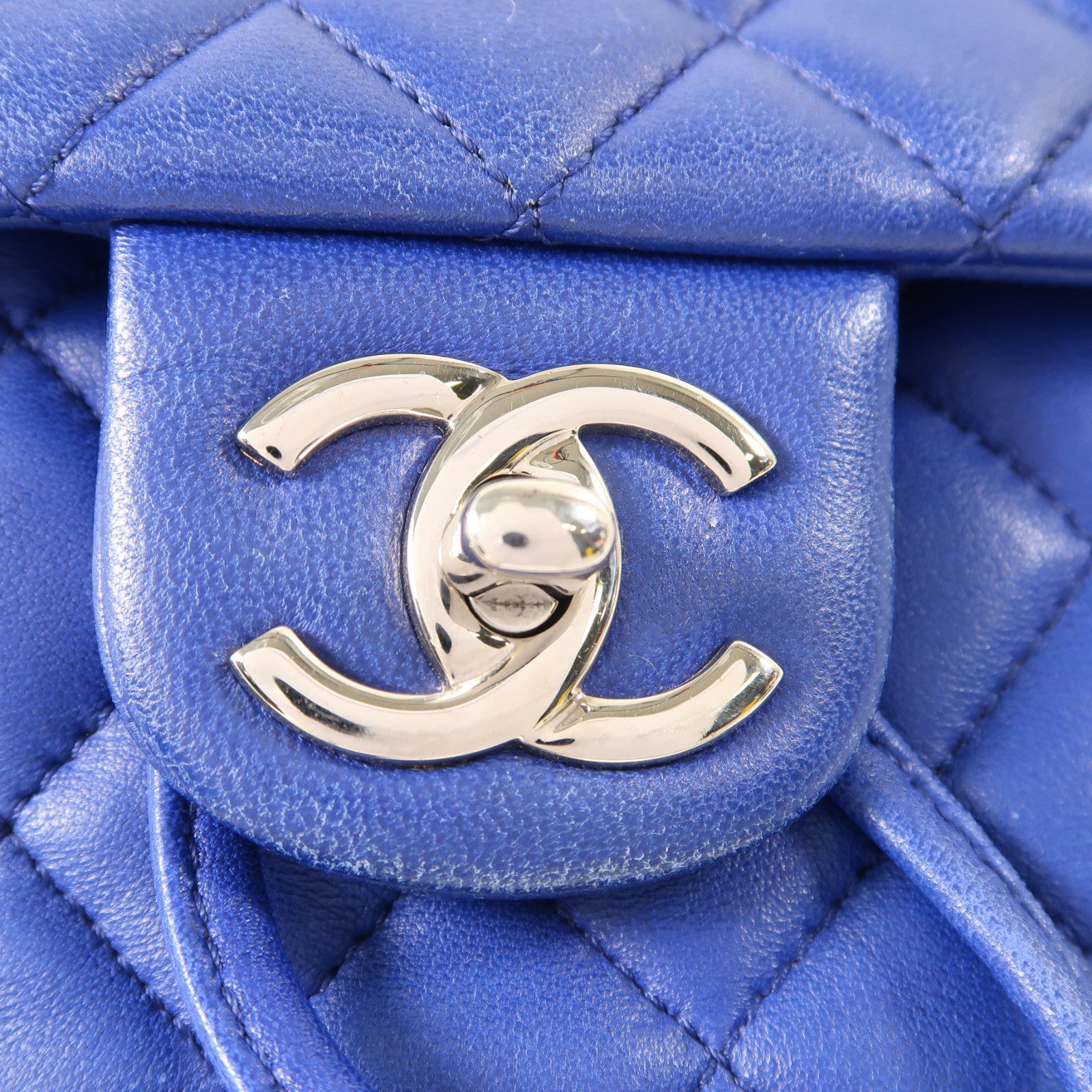 CHANEL 菱格羊皮皮革Backpack銀扣背包藍色