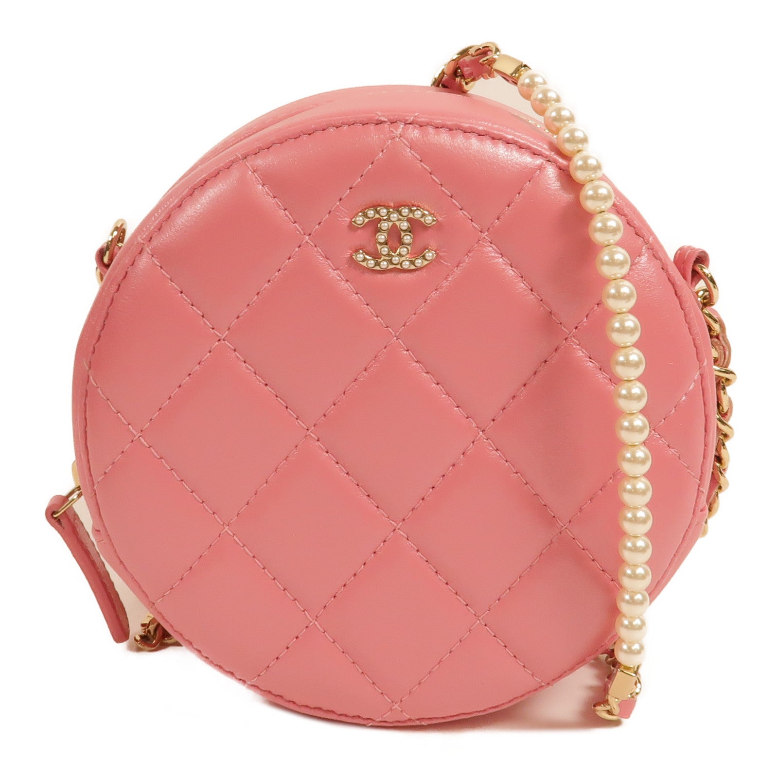 CHANEL 羊皮皮革Round Vanity Case鏈帶肩背袋