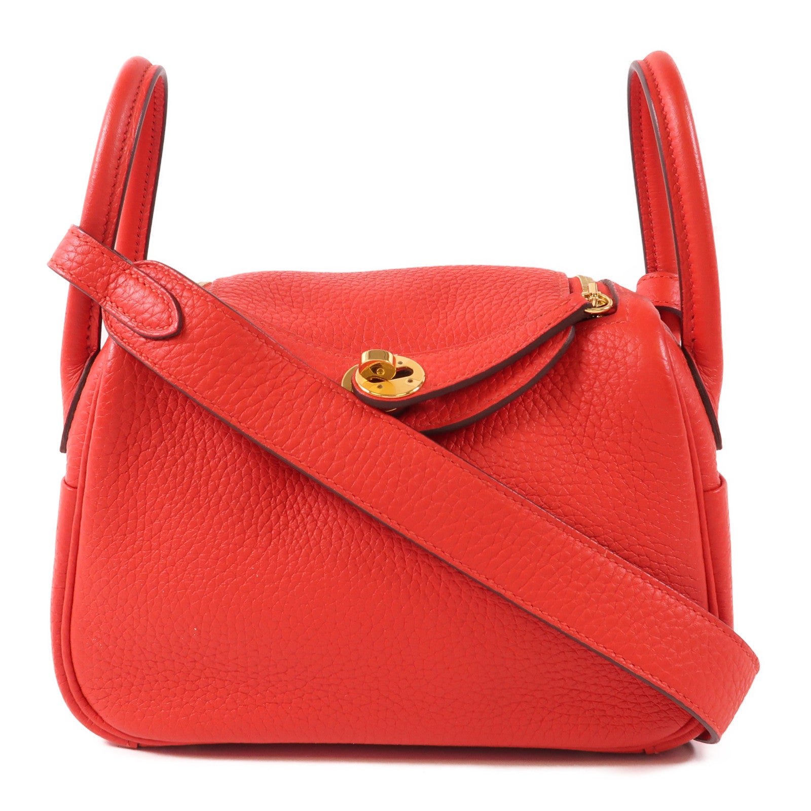 HERMES【激減優惠】 Clemence皮革Mini Lindy金扣手挽肩背兩用袋Rouge De Coeur