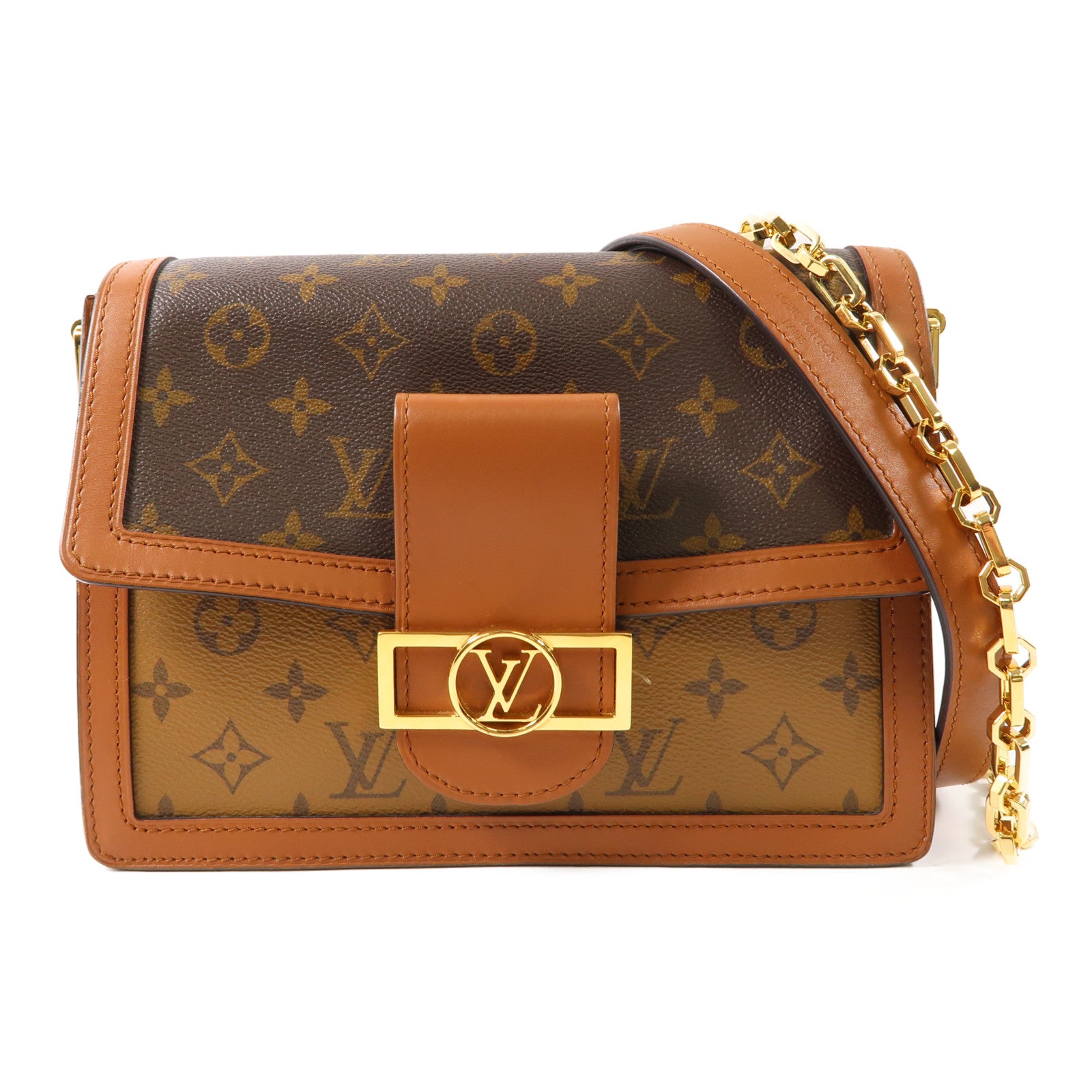 LOUIS VUITTON Monogram/Monogram Reverse Dauphine MM金扣手挽肩背兩用袋棕色