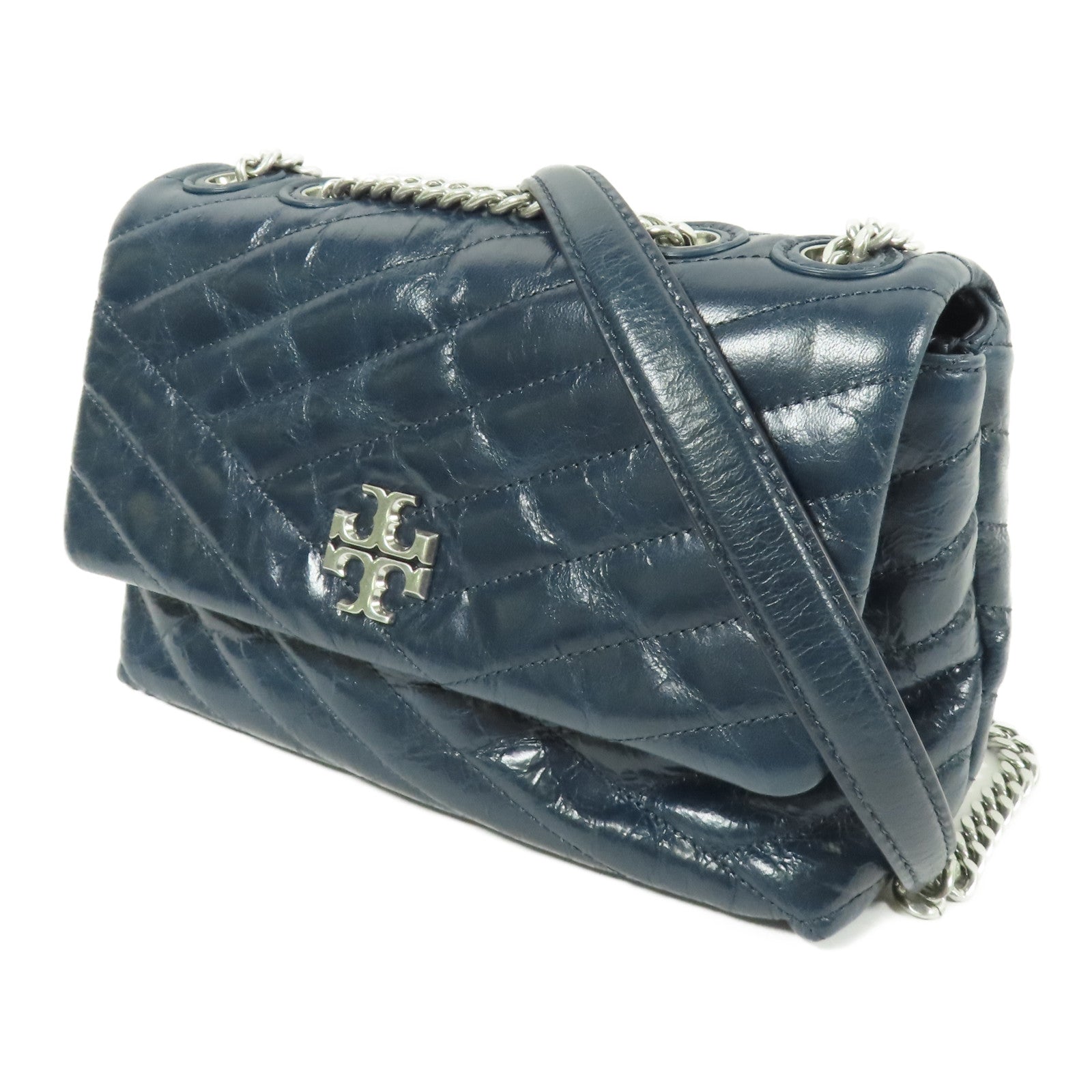 TORY BURCH SHW Kira Chevron Shoulder Bag Calfskin Leather Blue