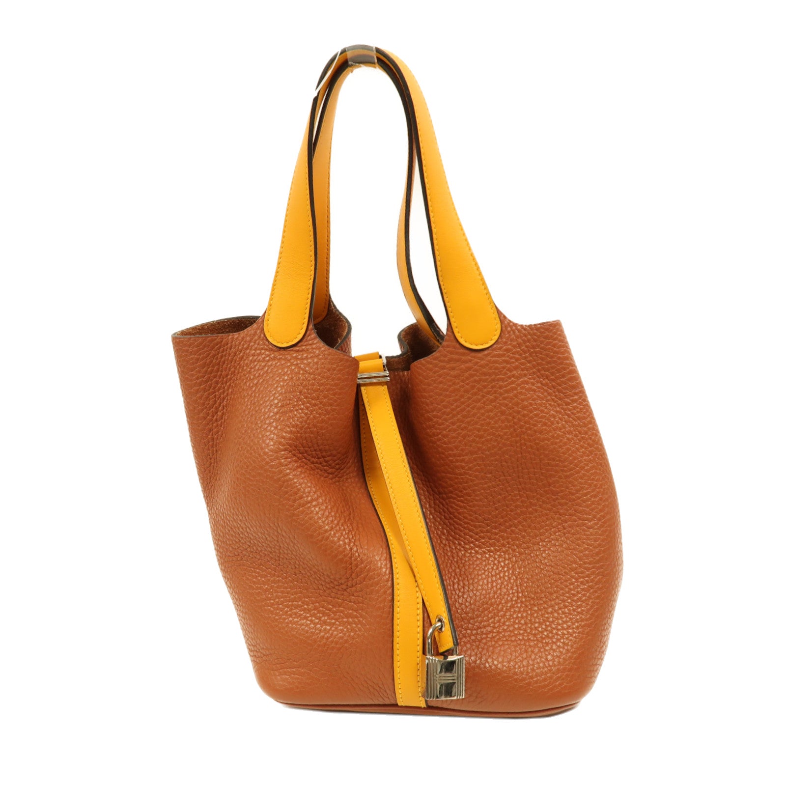 HERMES Clemence皮革Picotin MM銀扣手挽袋古銅色/太陽黃色