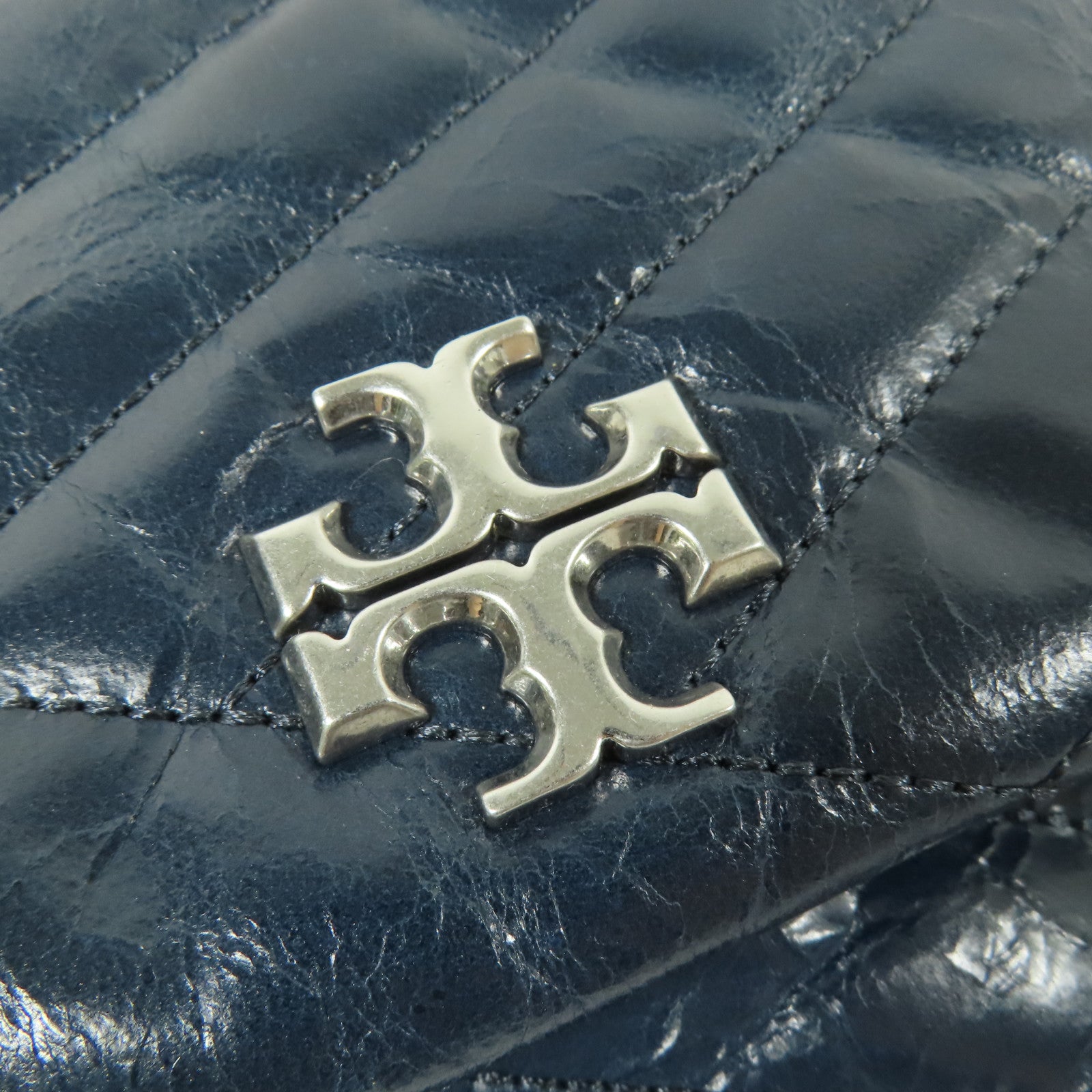 TORY BURCH SHW Kira Chevron Shoulder Bag Calfskin Leather Blue