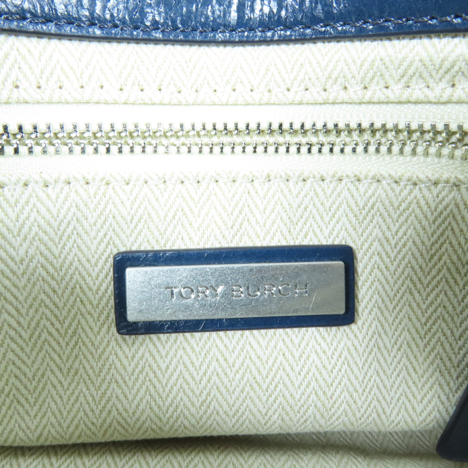 TORY BURCH SHW Kira Chevron Shoulder Bag Calfskin Leather Blue