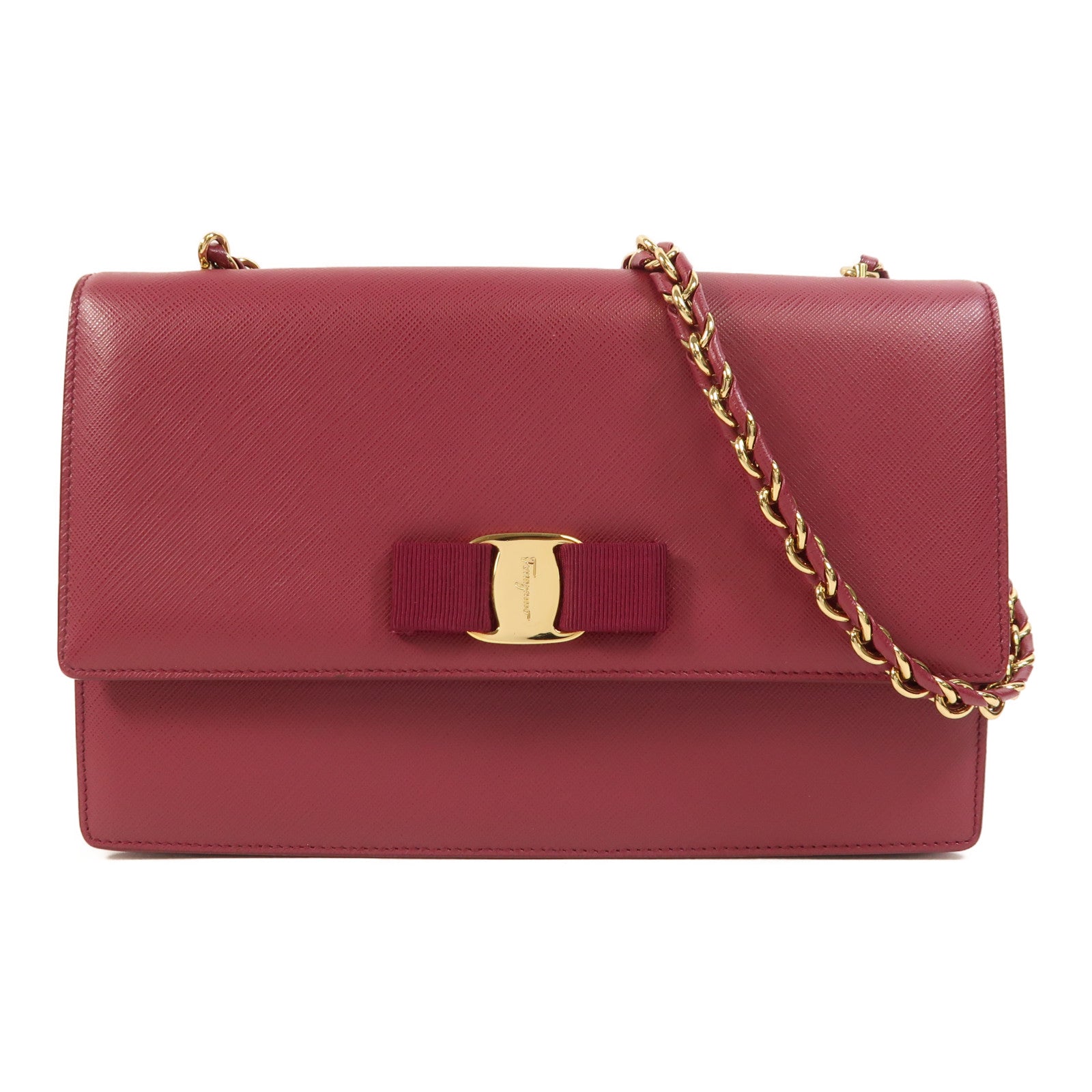 Salvatore Ferragamo 【激減優惠】Saffiano皮革Chain Shoulder金扣鏈帶肩背袋