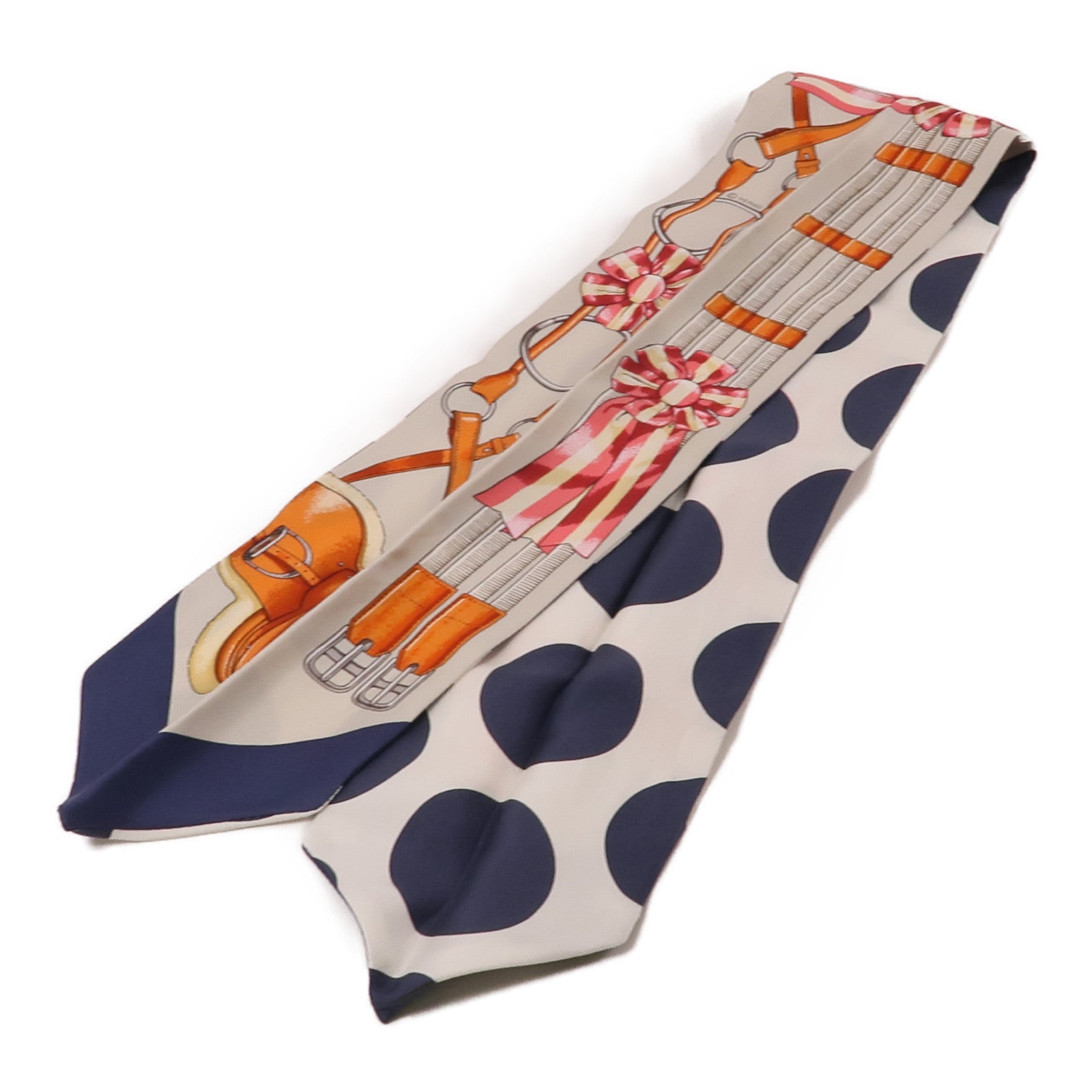 HERMES Twilly Scarf Scarves Silk Navy White Beige Orange