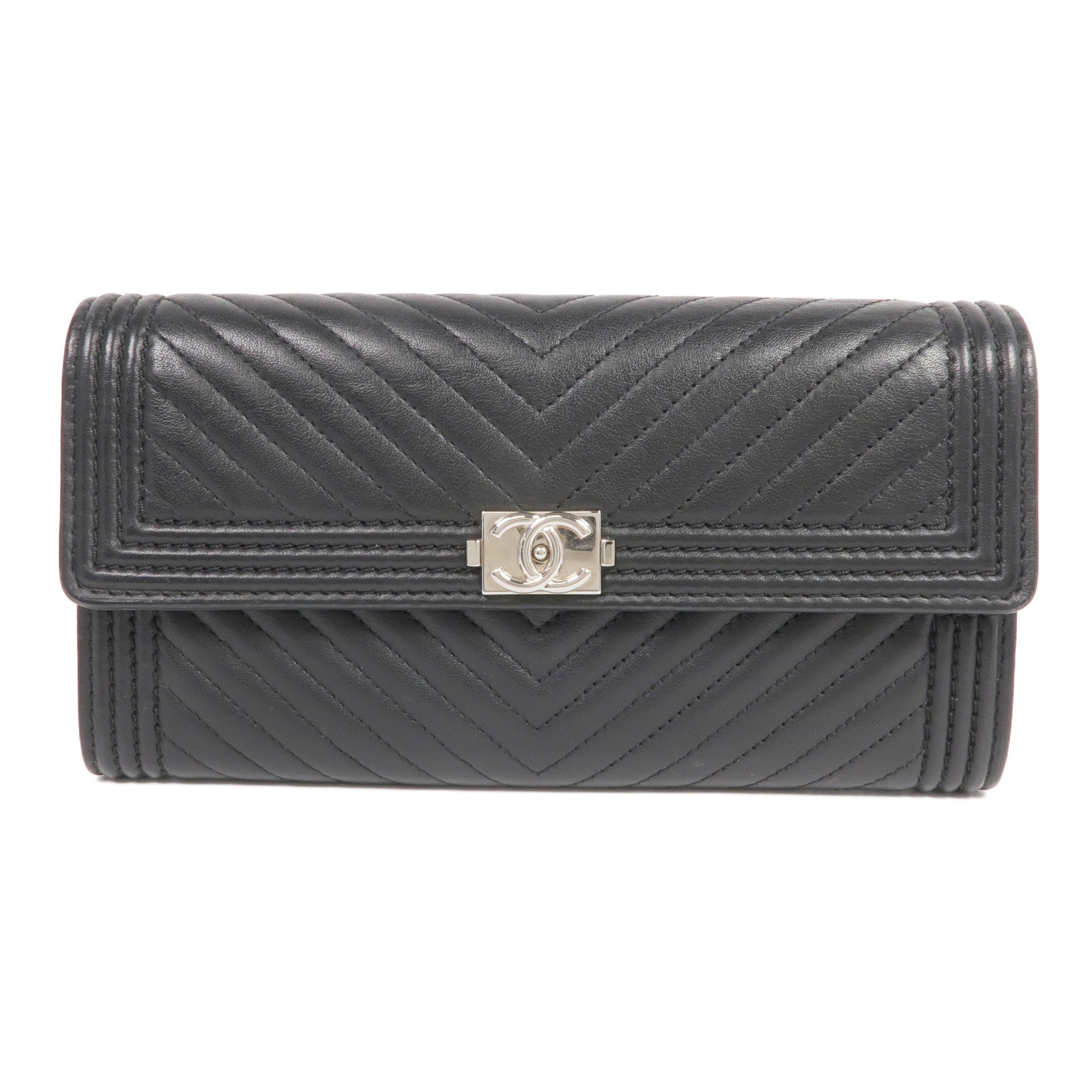 CHANEL 羊皮皮革Long Wallet銀扣長錢包