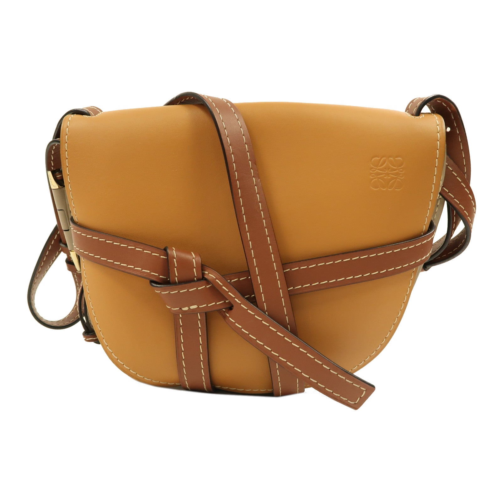 LOEWE 牛皮皮革Gate Small金扣肩背袋米色/啡色