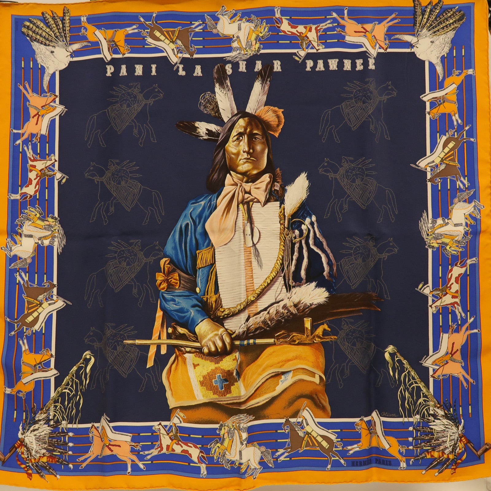 HERMES Carre 90 Scarf Silk Navy Orange