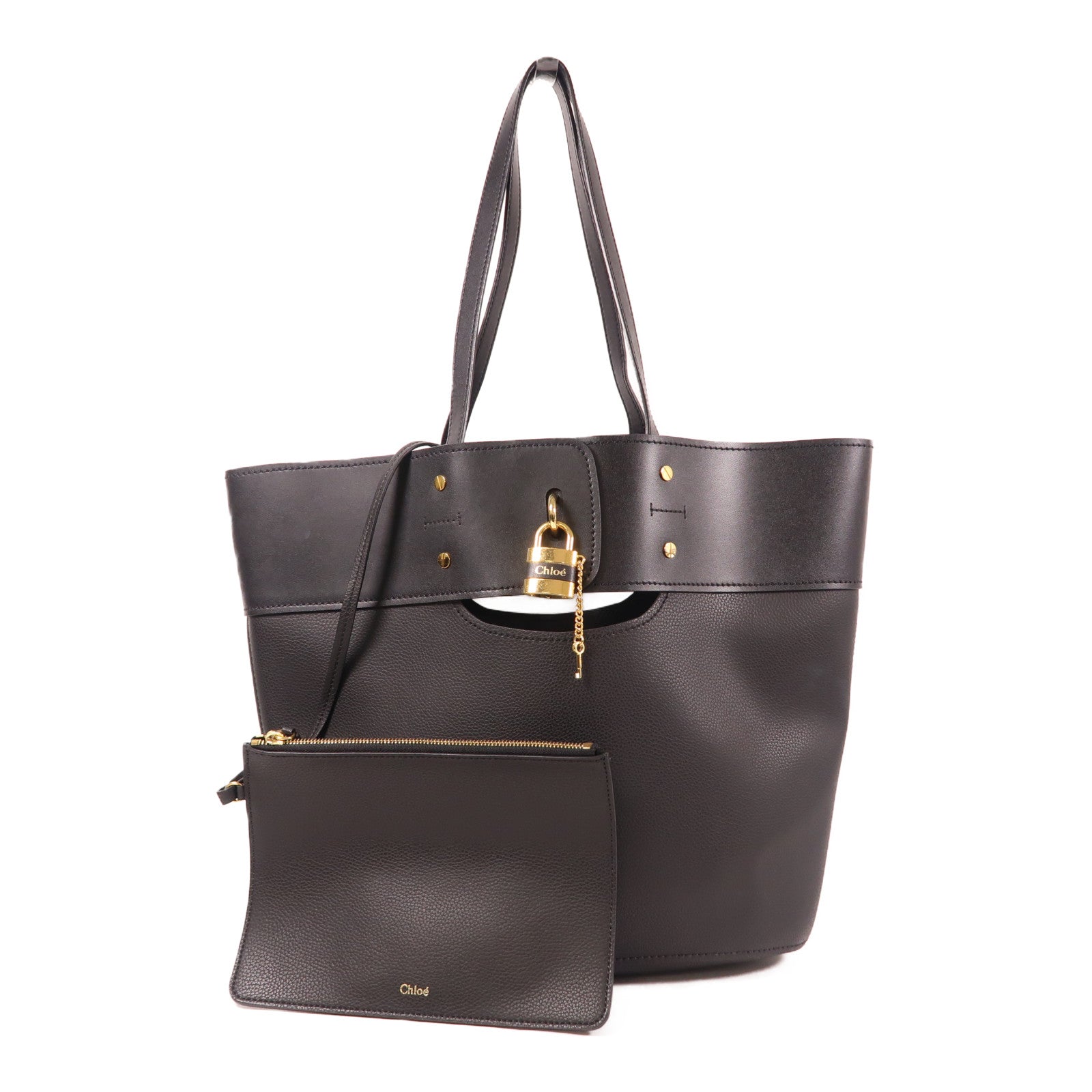 Chloe GHW Aby Shoulder Tote Bag Calfskin Leather Black