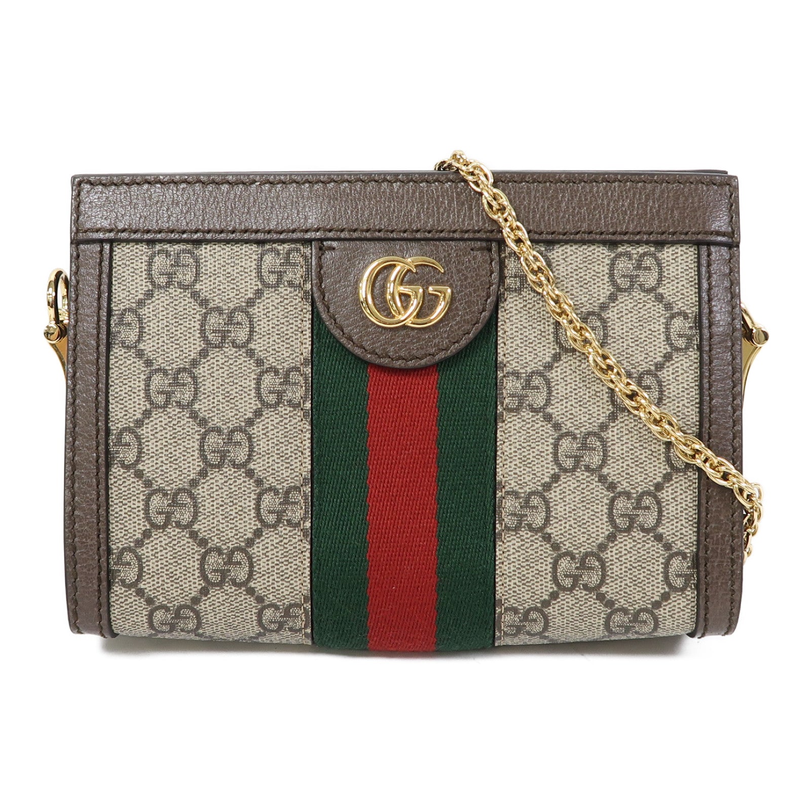 GUCCI 【激減優惠】塗層帆布Ophidia GG金扣鏈帶肩背袋啡色